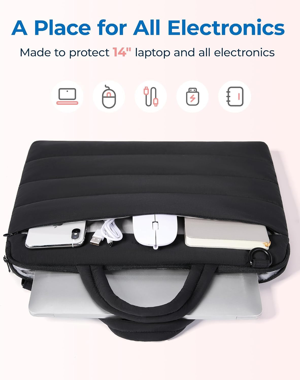 13-14 Inch Laptop Bag, Puffy Cute Laptop Case Sleeve with Handle for Women, Portable Macbook Air/Pro 13 Inch Case Sleeve with Strap, Black