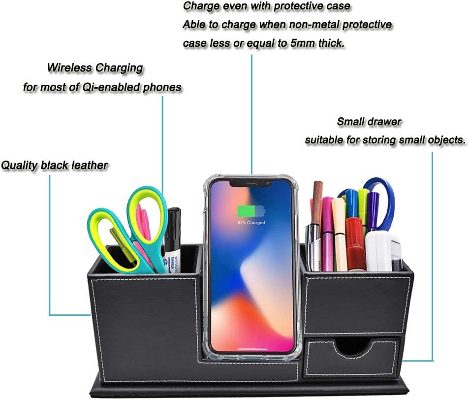 Pen Holder with Fast Wireless Charger, Cell Phone Stand Desktop Organizer, for Iphone 14/13/12/11/8/SE Series and Qi-Enabled Devices, Home Office Organizers for Desk.