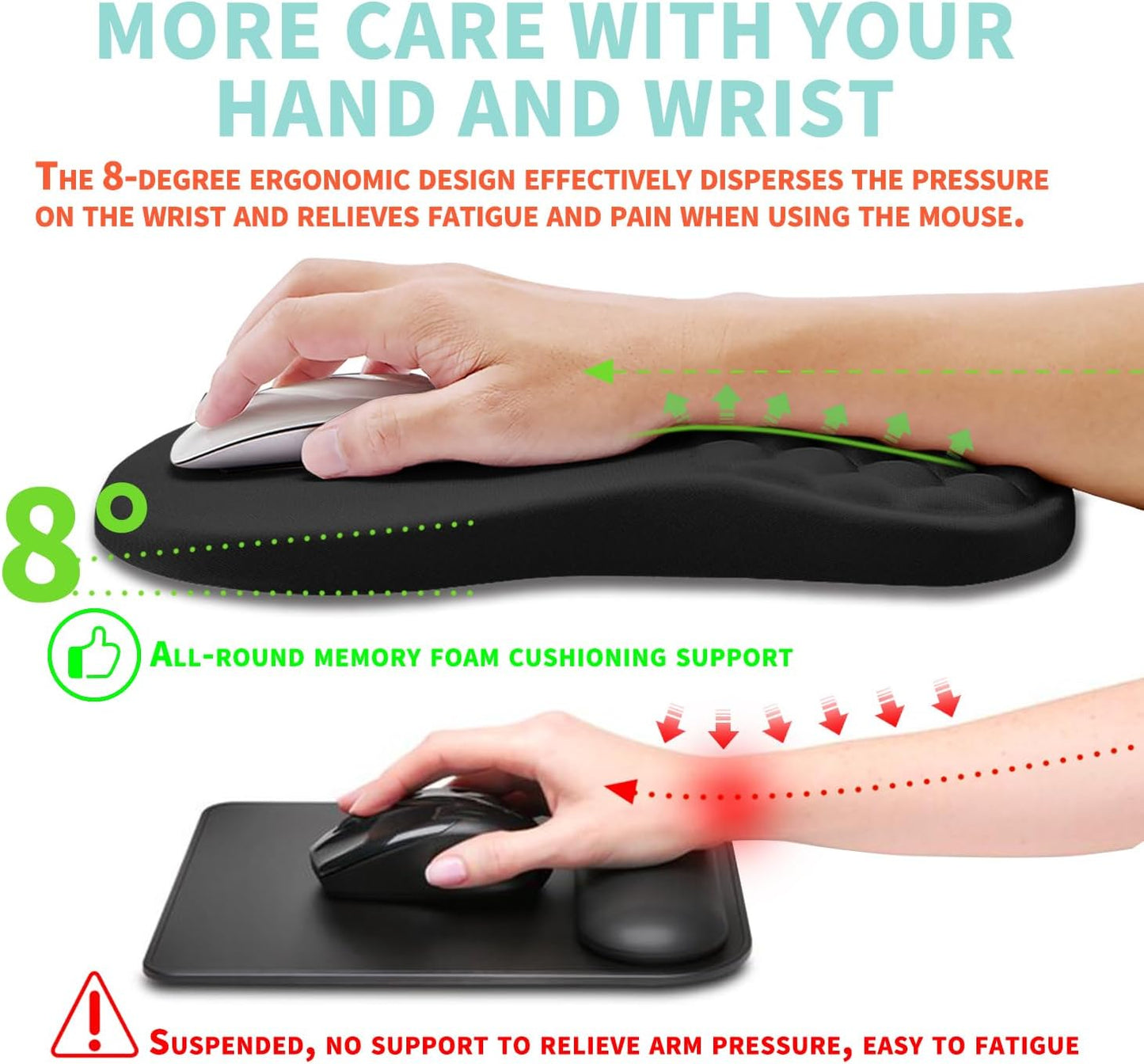 Ergonomic Mouse Pad Wrist Support with Memory Foam Massage Bulge, Carpal Tunnel Pain Relief Mousepad Wrist Rest for Mouse(12X8 Inch, Black)