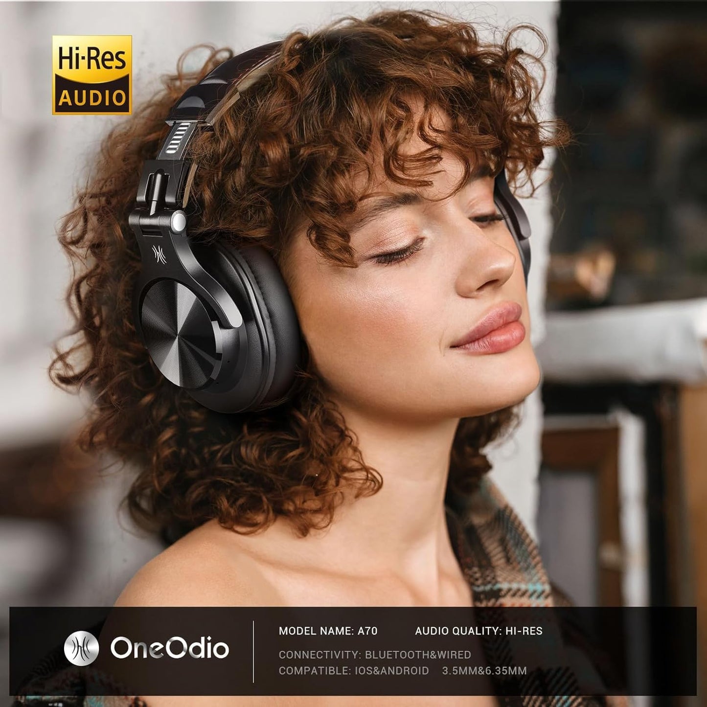 A70 Bluetooth over Ear Headphones, Wireless Headphones with 72H Playtime, Hi-Res, 3.5Mm/6.35Mm Wired Audio Jack for Studio Monitor & Mixing DJ Guitar AMP, Computer Laptop PC Tablet - Black
