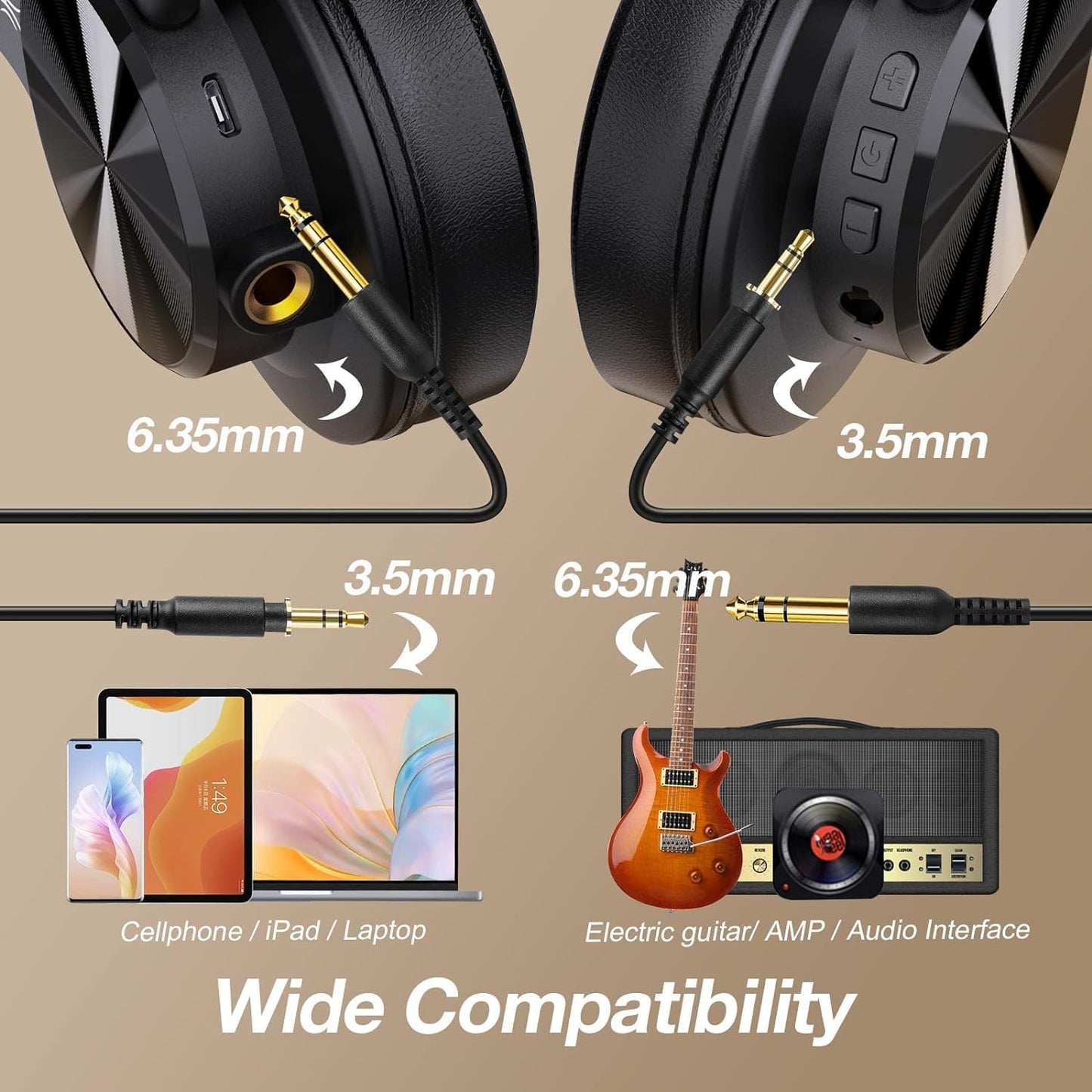 A70 Bluetooth over Ear Headphones, Wireless Headphones with 72H Playtime, Hi-Res, 3.5Mm/6.35Mm Wired Audio Jack for Studio Monitor & Mixing DJ Guitar AMP, Computer Laptop PC Tablet - Black