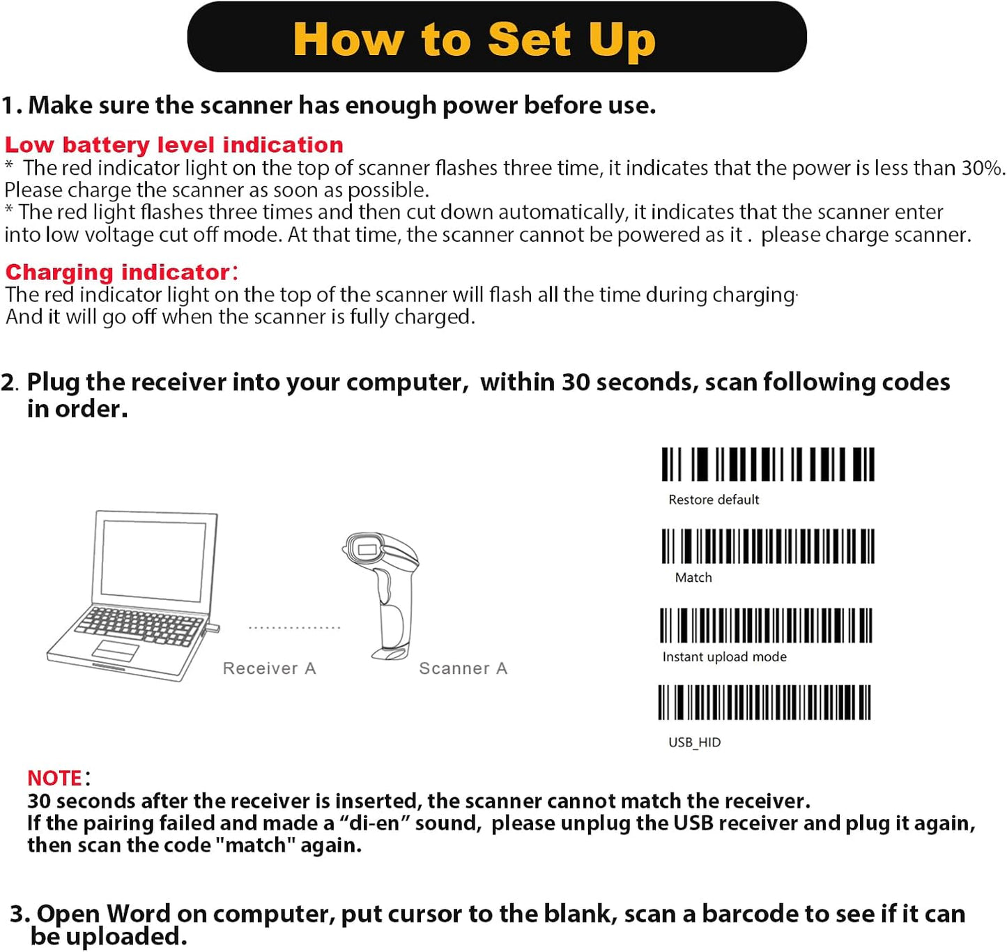 Wireless Barcode Scanner 328 Feet Transmission Distance USB Cordless 1D Laser Automatic Barcode Reader Handhold Bar Code Scanner with USB Receiver for Store, Supermarket, Warehouse