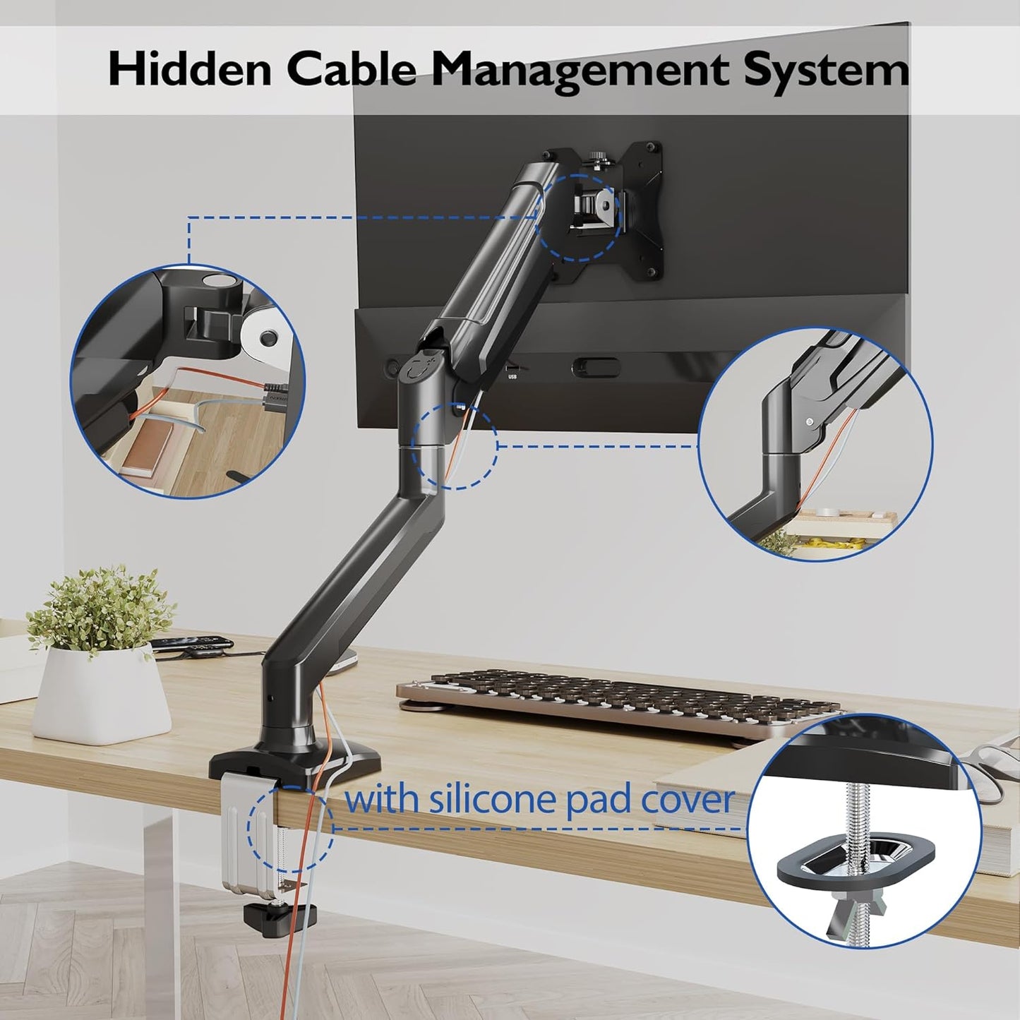 Single Monitor Desk Mount, 13 to 34 Inch Gas Spring Monitor Arm, Adjustable Stand, VESA Mount with Clamp and Grommet Base, Fits 6.6 to 19.8Lbs LCD Computer Monitors, Cable Management, Black