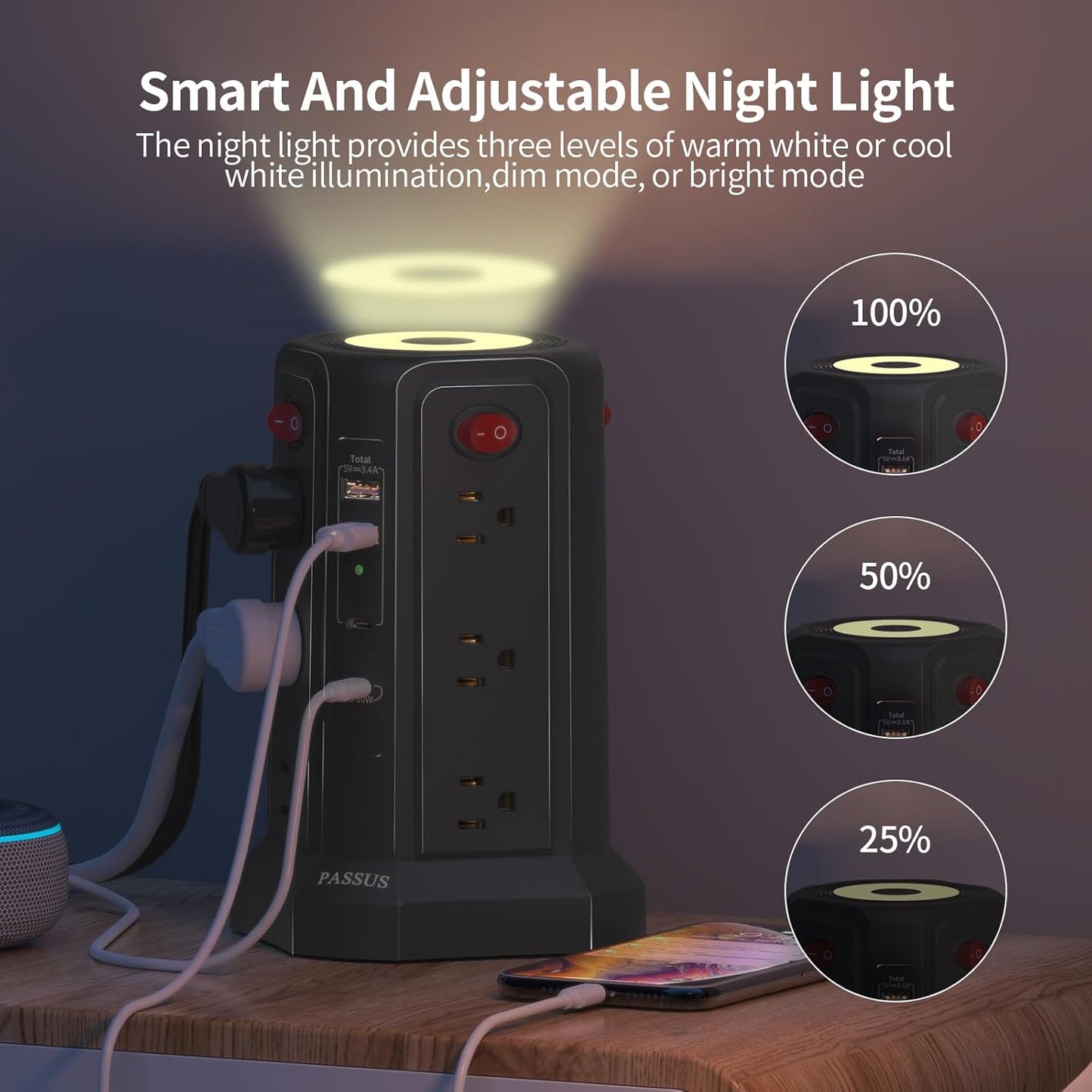 Long Surge Protector Power Strip 16 FT Cord, PD20W USB C Power Strip Tower with Night Light, Extension Cord with Multiple Outlets with 4 USB Ports, Charging Station Home Office Essentials Black