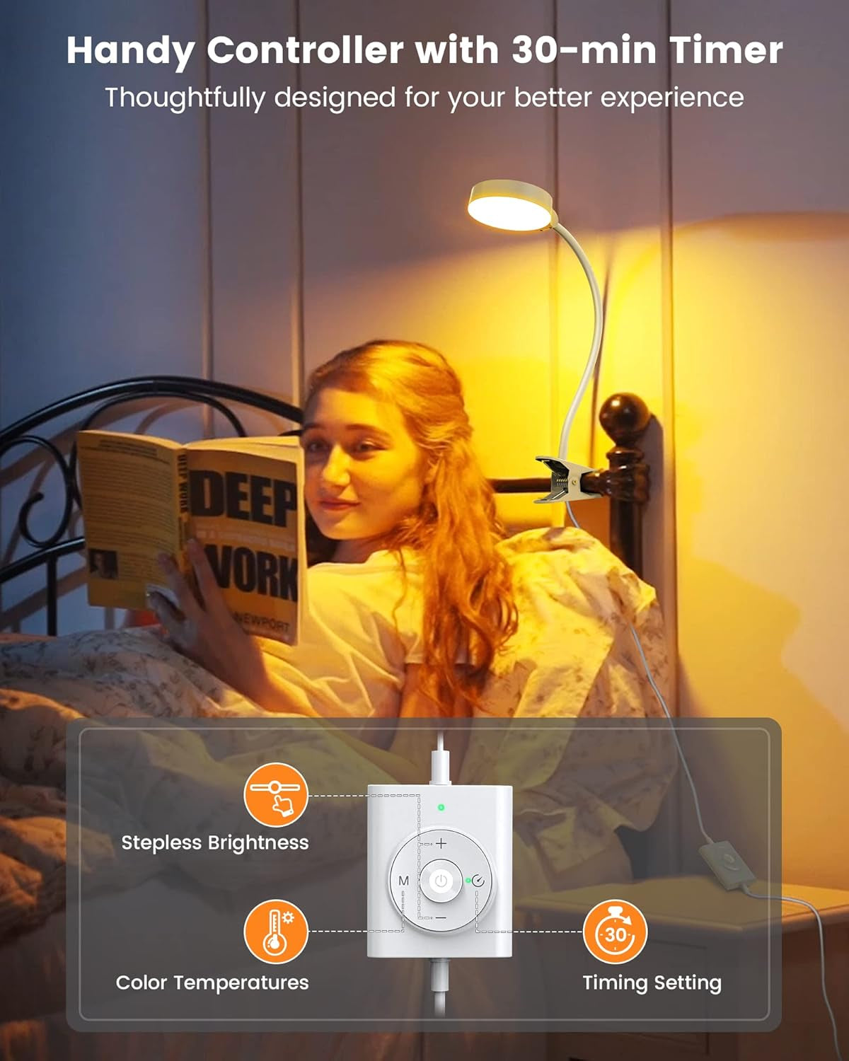5W Clip on Light, 36 LED Eye Caring Reading Light for Bed, 3 Colors & 5 Brightness Clip on Lamp with Adapter, Perfect Reading Light for Bed Lamp/Bunk Bed Light