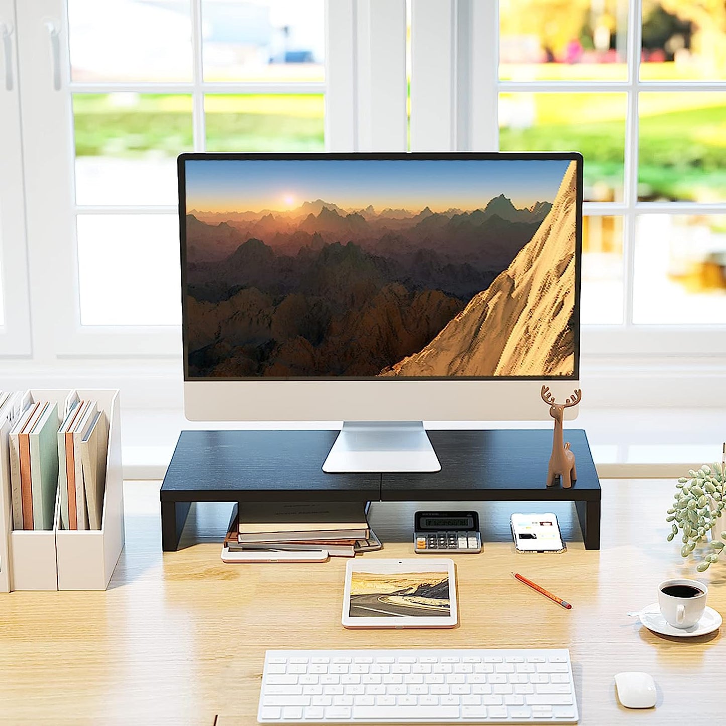 20 Inch Monitor Stand Riser, Wood Monitor Stand for Desk, Tv/Screen/Pc/Printer/Laptop Riser, Computer Stand with Keyboard Organizer, Black Desktop Stand, Monitor Riser (Black, 20 Inch)