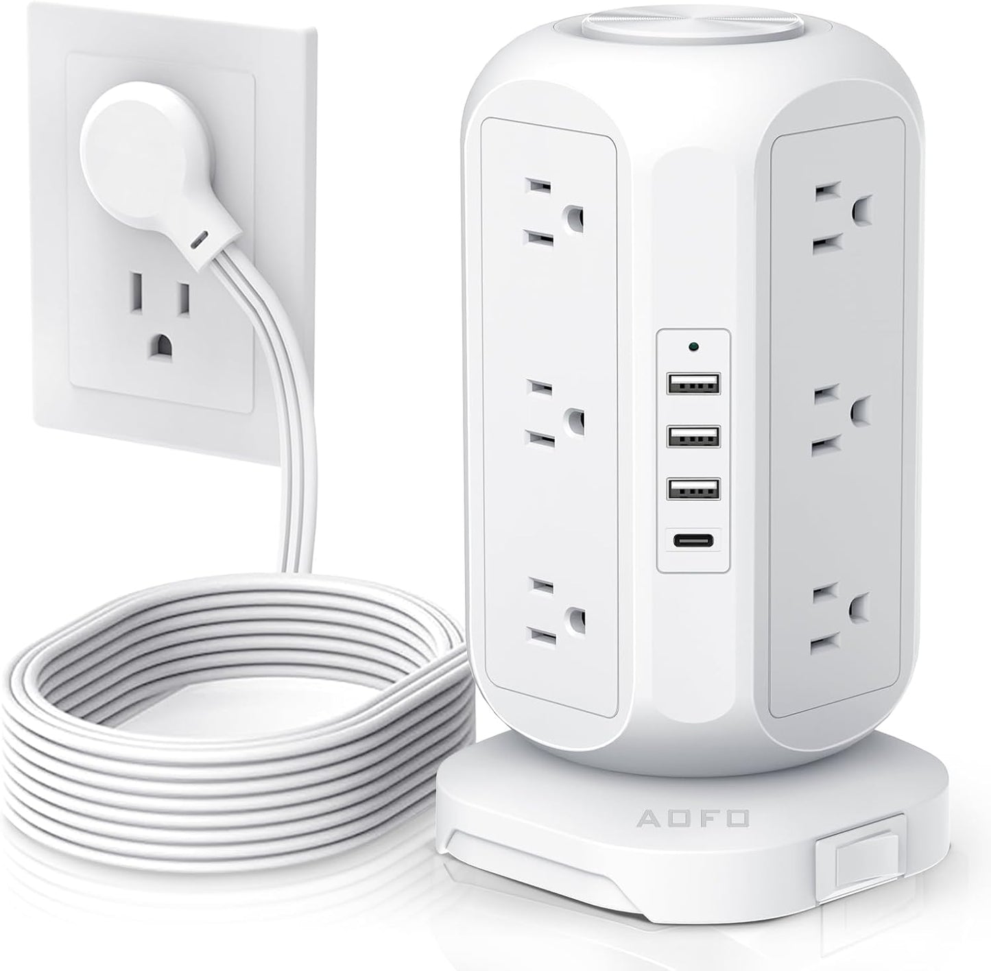 Tower Power Strip Flat Plug with 12 Outlets 4 USB(1 USB C), Surge Protector Charging Station with Overload Protection, Widely Spaced Multiple Outlets 10Ft Extension Cord for Home, Dorm,Office