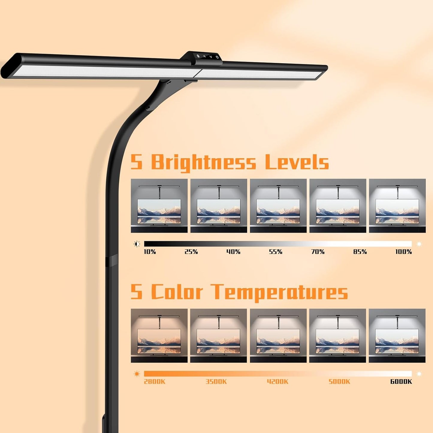 LED Desk Lamp, Office Architectural Desk Lamp, 31.5'' Large Size Office Lighting, 24W 5-Colour LED Computer Monitor Gooseneck Smart Lamp with Holder for Studying, Creating and Reading