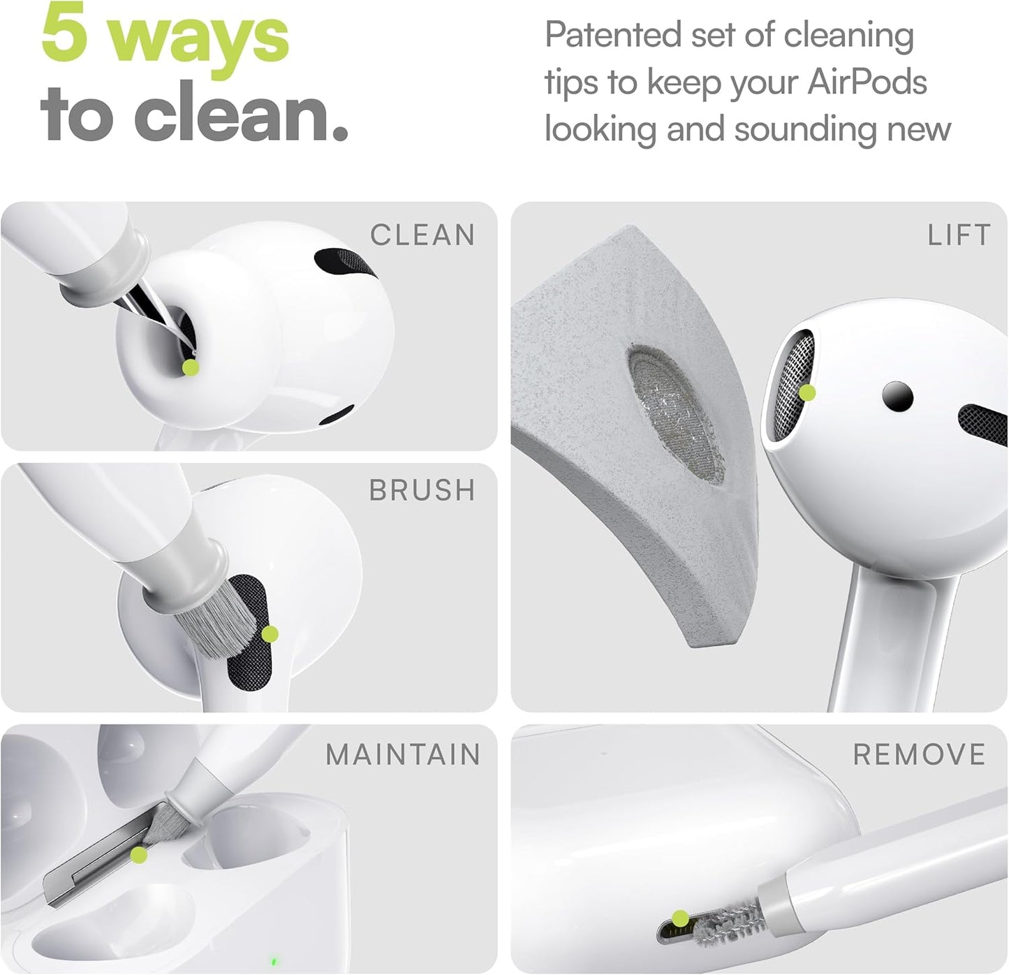 Air Care 2.0 Airpods Cleaning Kit - Patented Multi-Tool Cleaner with Interchangeable Brush Tips for Airpods, Iphone and Apple Devices with Sticky Squares Putty, Hard Case and Travel Pouch