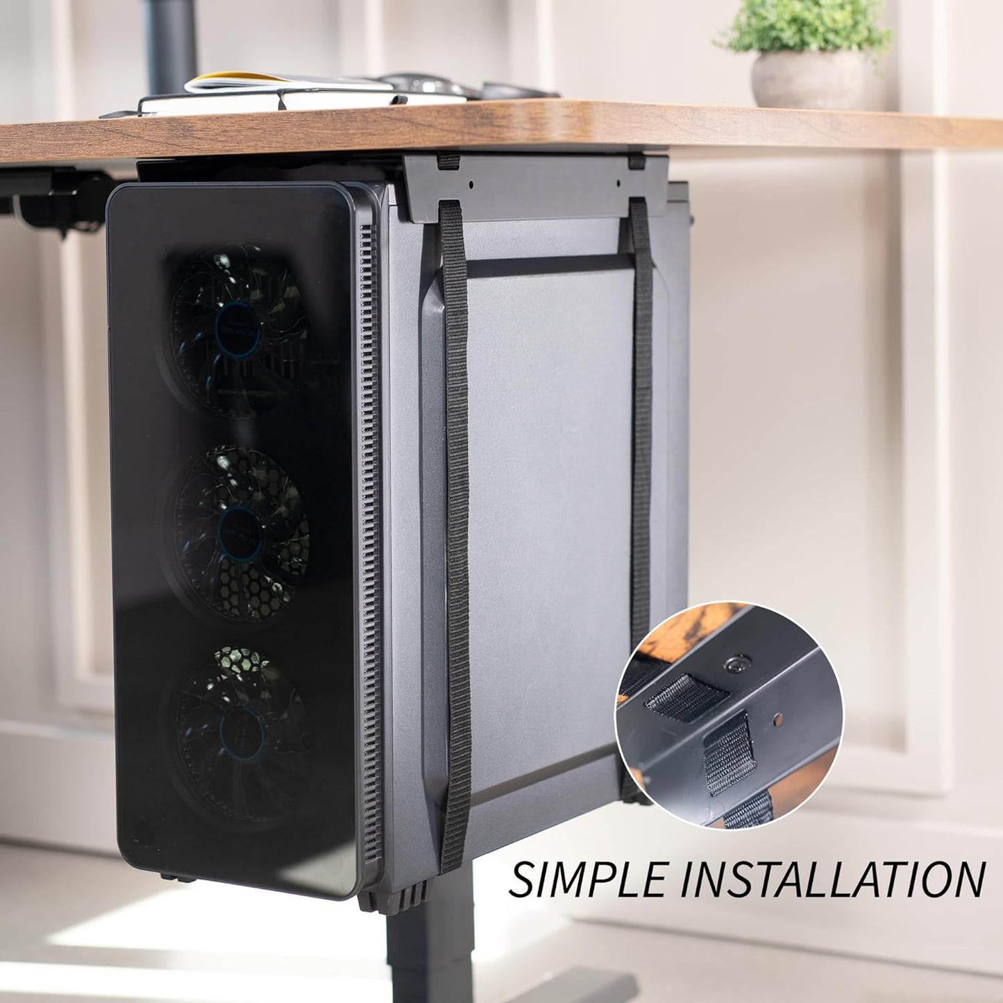 Under-Desk and Wall Mount PC Adjustable Strap and Steel Bracket Holder, Computer Case Carrier, Black, MOUNT-PC02S