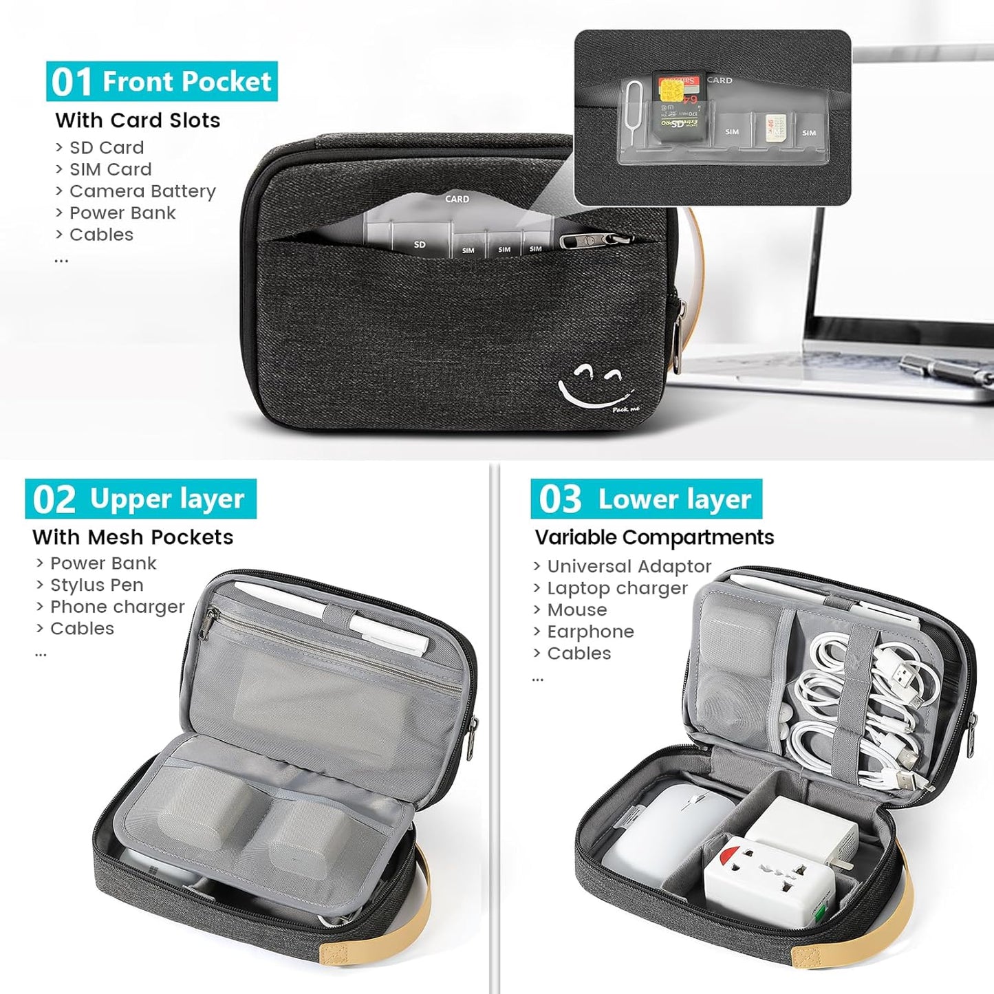 Travelkin Cord Organizer Travel, Electronic Organizer Travel Case, Cable Organizer Bag for Cords,Chargers Phone, Sd Card,Usbs (Black)