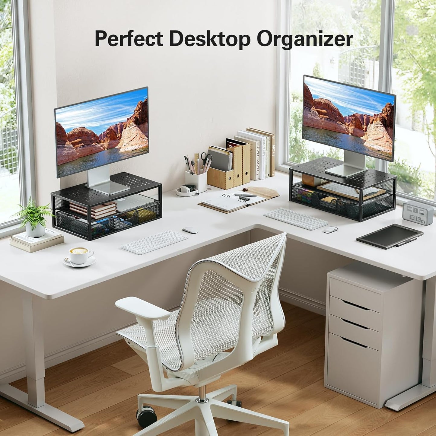 2 Tier Monitor Stand, Metal Monitor Riser with Storage, Computer Desk Organizer with Drawer for Laptop, Computer, PC, Black