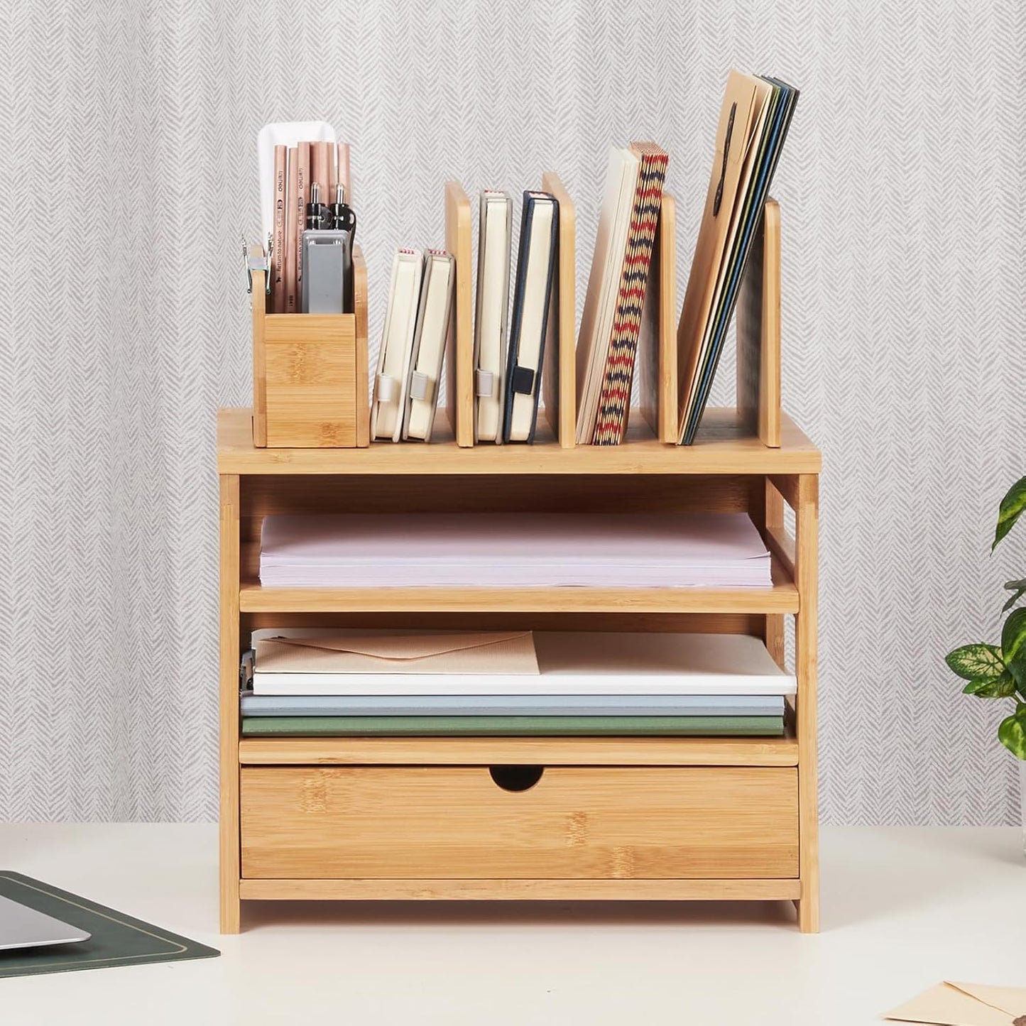 Bamboo Desk Organizer with Drawer and File Holder, Office Organization for Desks with Adjustable Pen Holding, Desktop Letter Paper Tray Storage for Workplace Home School (Natural, L)