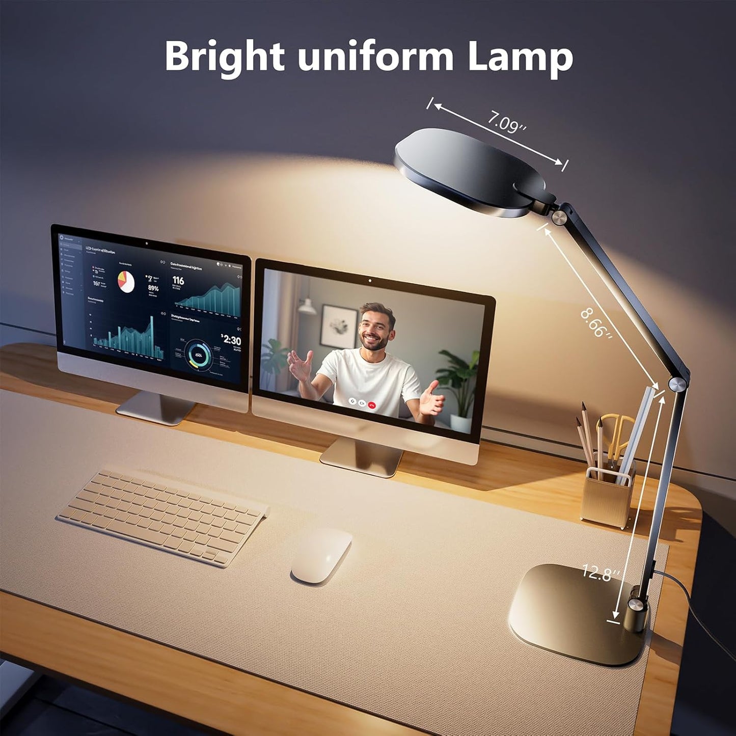 LED Desk Lamp for Home Office, 15W Computer Zoom Lighting with Swing Arm, Memory & Timer Function, Dimmable Desktop Ring Light for Video Calls, Conference, Reading, Streaming, Podcasting