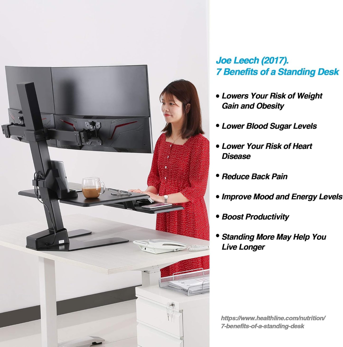 Dual 32" Monitor Electric Standing Desk Converter with Huge Keyboard Tray Extra Large 28"X 16" Spacious Tabletop Motorized Automatic Height Adjustable Sit to Stand Table Sturdy Small Footprint