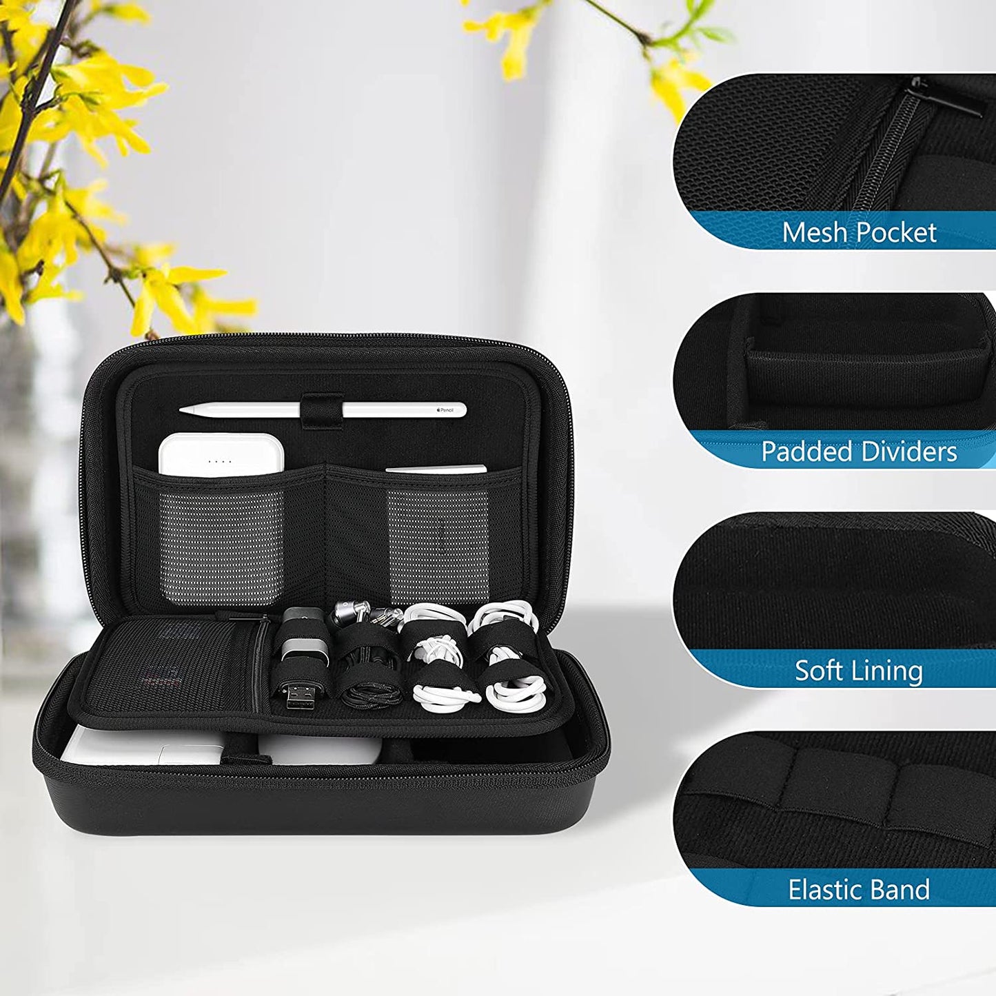 Hard Travel Electronic Organizer Case for Macbook Power Adapter Chargers Cables Power Bank Apple Magic Mouse Apple Pencil USB Flash Disk SD Card Small Portable Accessories Bag -L, Black