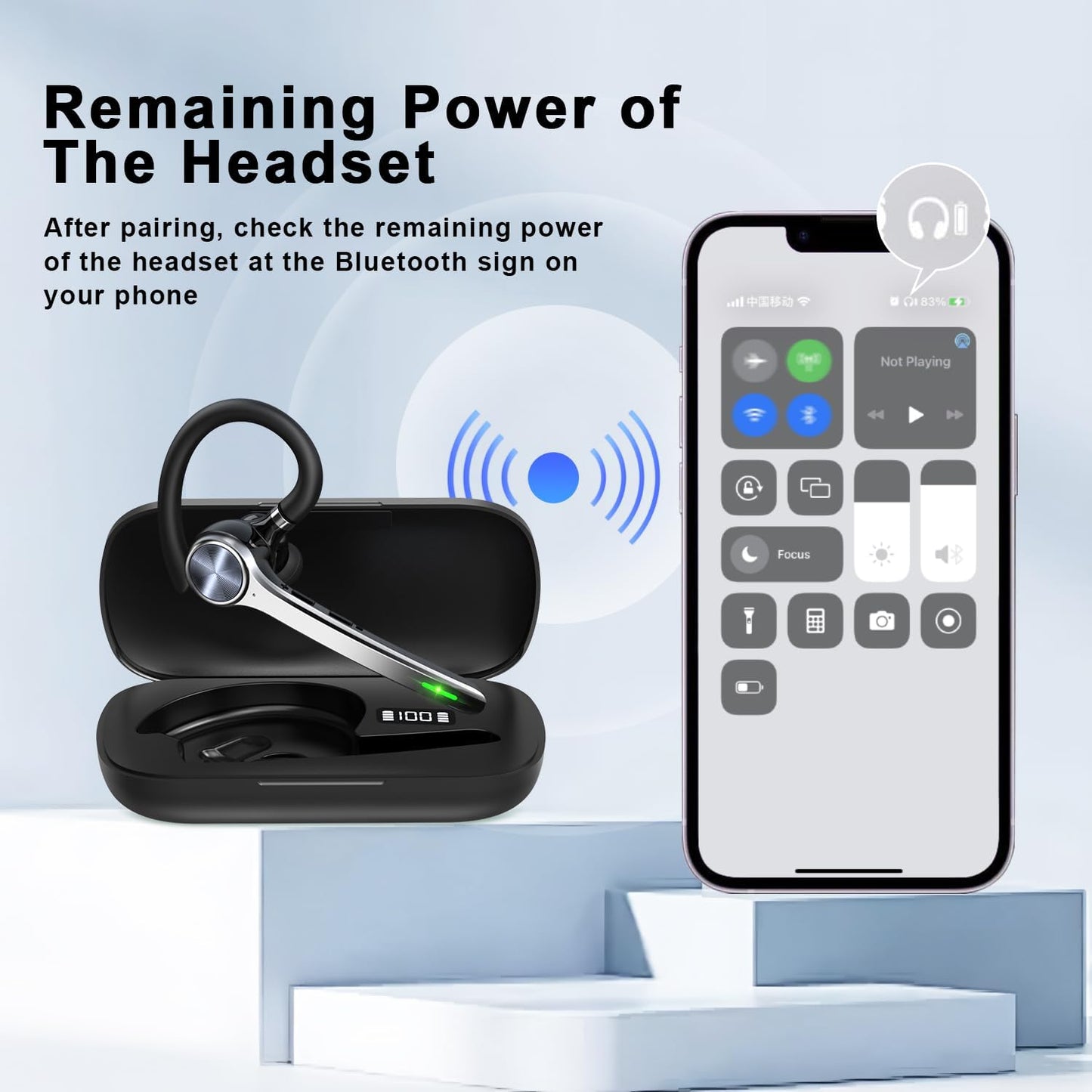 Bluetooth Headset, Wireless Bluetooth Earpiece with 500Mah Charging Case 72 Hours Talking Time Built-In Microphone for Ios Android Cell Phone, V5.1 Hand-Free Headphones for Trucker, Office