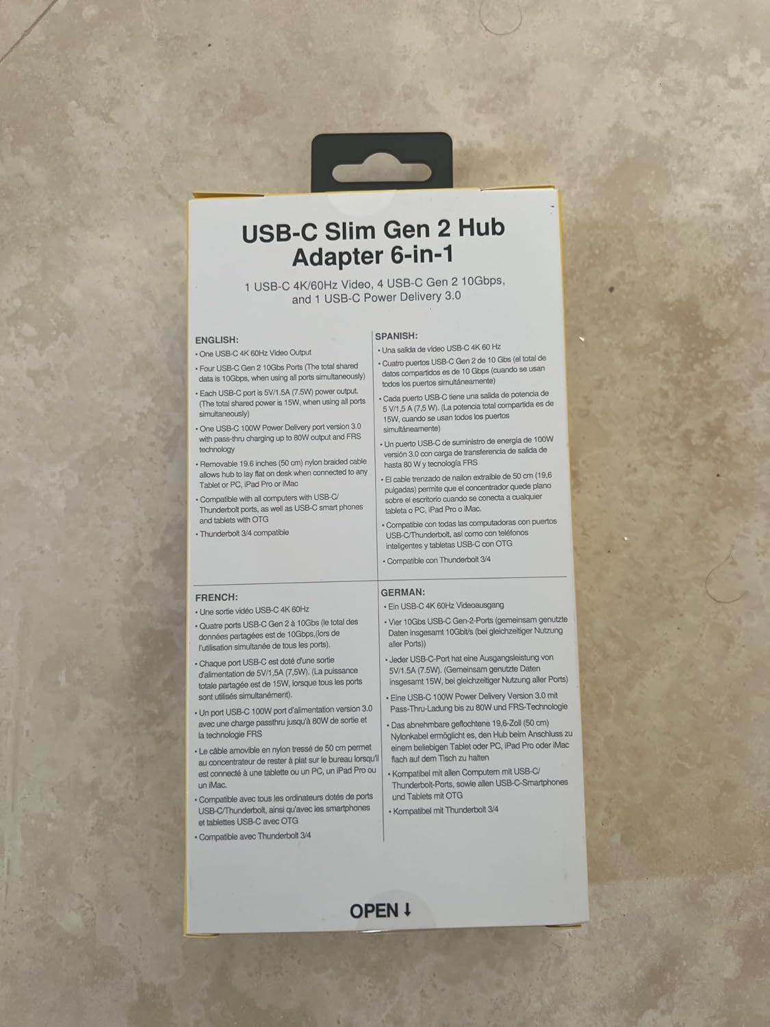 USB-C Slim Gen 2 Hub Adapter 6-In-1 1 USB-C 4K/60Hz Video, 4 USB-C Gen 2 10Gbps, and 1 USB-C Power Delivery 3.0