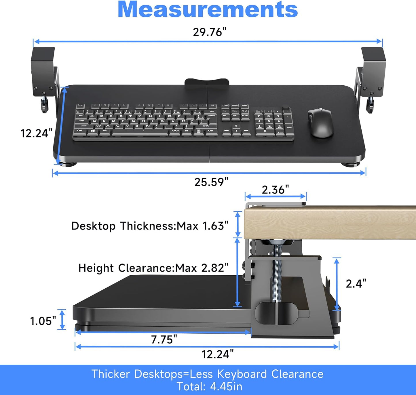 Keyboard Tray under Desk Large C-Clamp 25.6β (30β Including Clamps) X 11.8β Slide-Out Platform Computer Drawer Pull Out Keyboard & Mouse Tray Black DSF4
