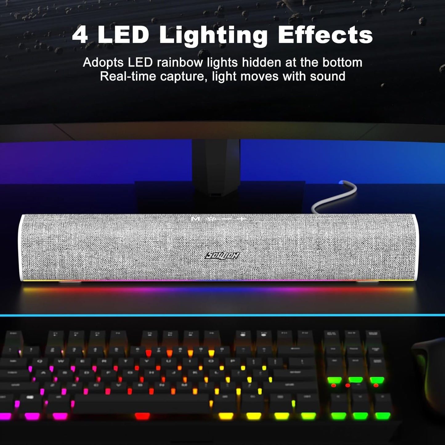 R100 Bluetooth Computer Speakers with Dynamic LED Light, USB Plug & Play PC Speakers with Switch Button, Clearly Sound Soundbar for Desktop Laptop Monitor White (USB-C to USB Adapter Included)