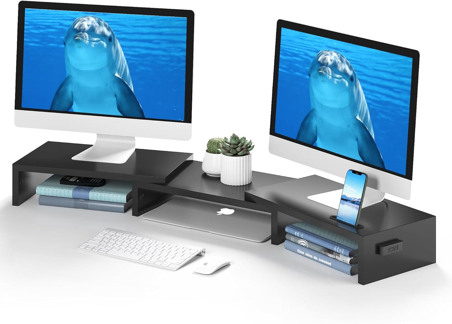 Dual Monitor Stand Riser with Smartphone Holder, Adjustable Length & Swivel Angle, Ergonomic Wooden Desktop Organizer for PC Monitor, Laptop, Printer, Large Storage, Black
