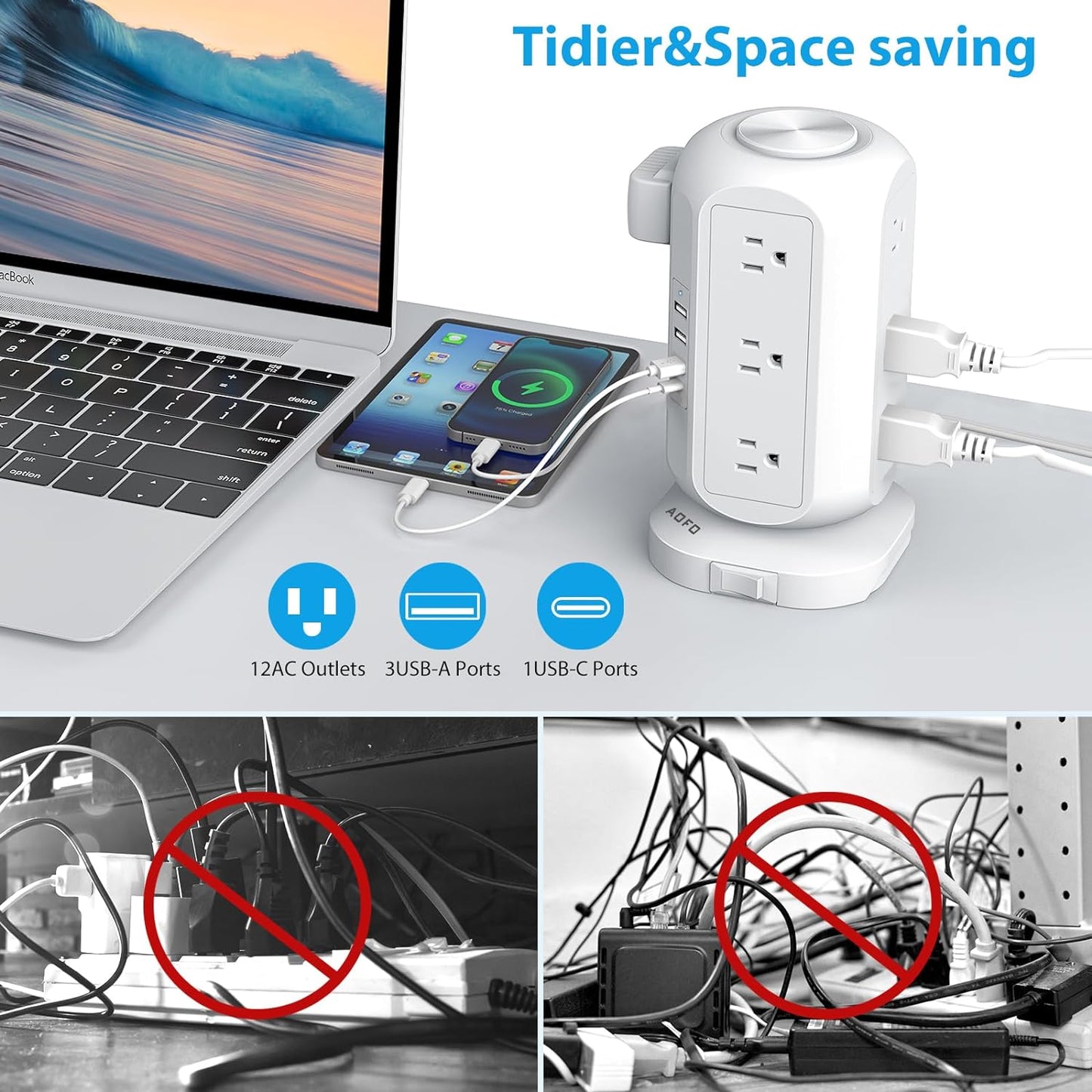 Tower Power Strip Flat Plug with 12 Outlets 4 USB(1 USB C), Surge Protector Charging Station with Overload Protection, Widely Spaced Multiple Outlets 10Ft Extension Cord for Home, Dorm,Office