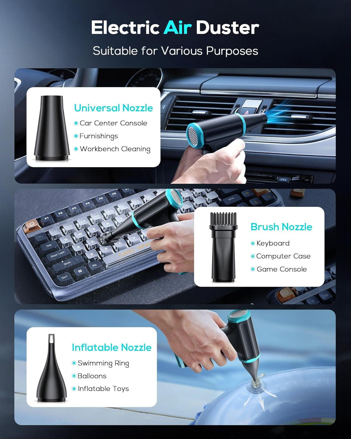 Compressed Air Duster-Stepless Adjustable 110,000RPM Electric Cleaner for Keyboard, PC Cleaning, Rechargeable Cordless Jet Dry Blower Replace Canned Air Compressed Air Cans - Blue