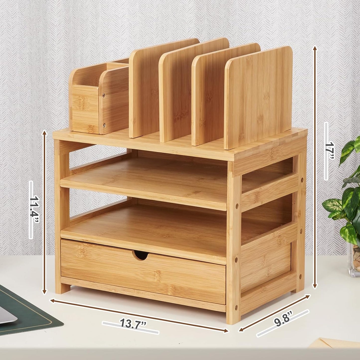 Bamboo Desk Organizer with Drawer and File Holder, Office Organization for Desks with Adjustable Pen Holding, Desktop Letter Paper Tray Storage for Workplace Home School (Natural, L)