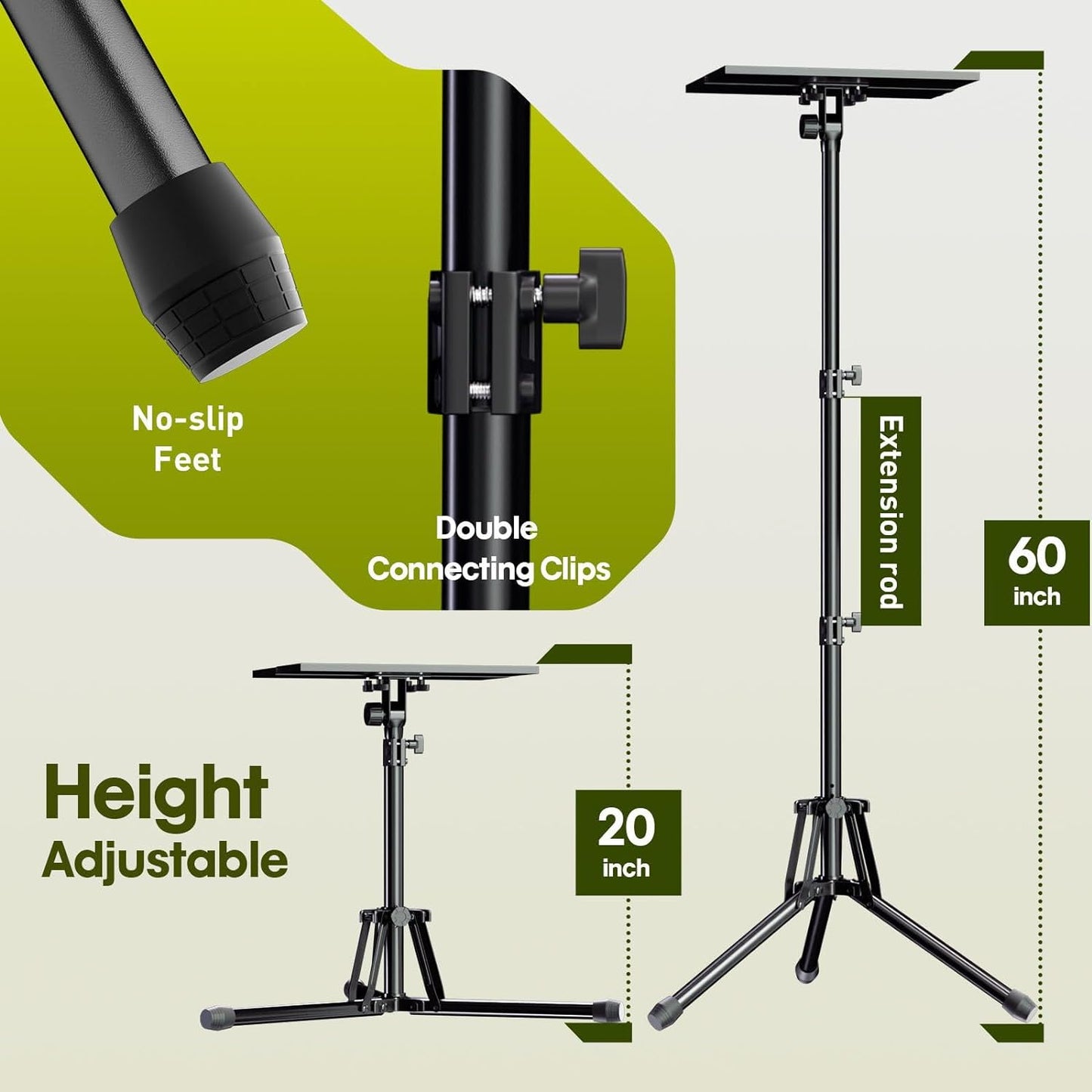 Projector Stand Laptop Tripod Stand - Portable Stand Adjustable Height 20 to 60 Inch, Projector Stand with Gooseneck Phone Holder & Mouse Tray, Laptop Floor Stand for Podium, Home, Studio, DJ Racks