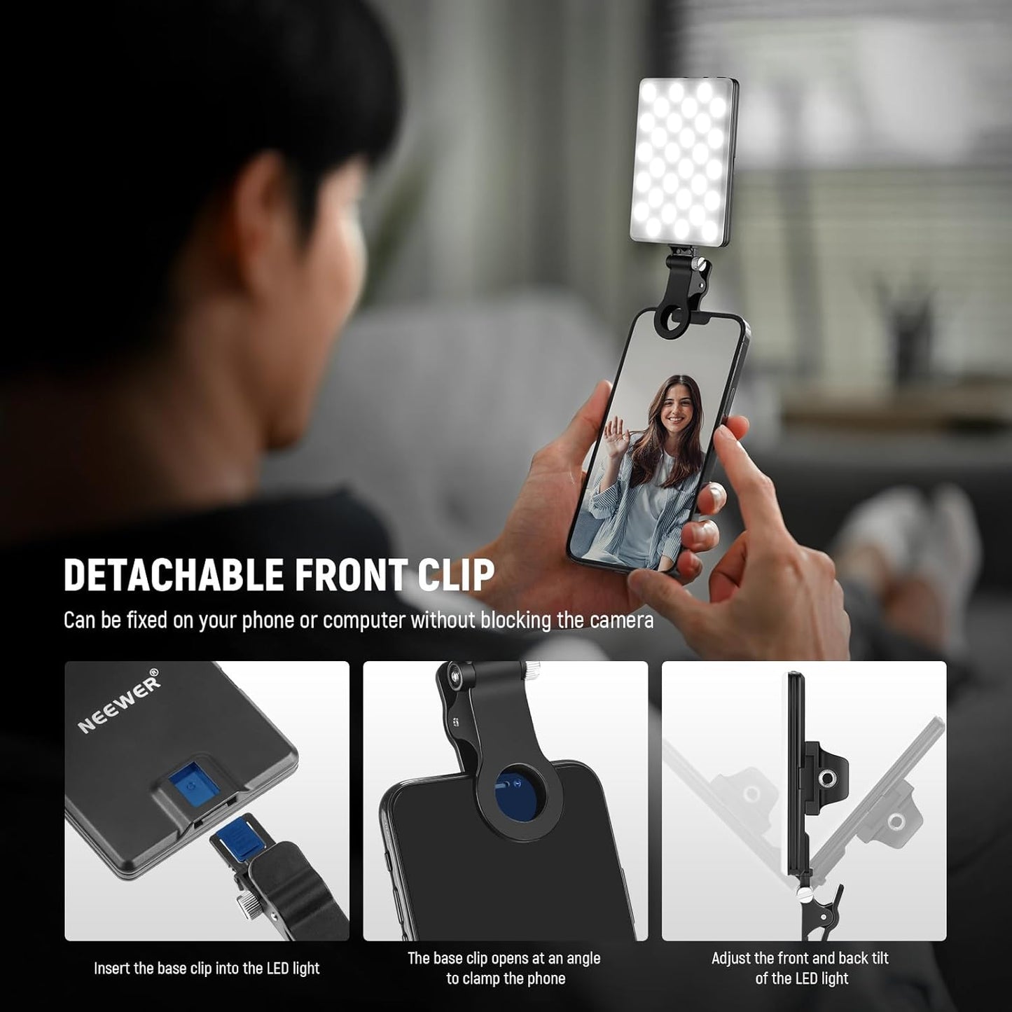 Basic Selfie Light with Front & Back Phone Clip, 60 LED 2000Mah Rechargeable CRI 95+, 3 Light Modes, Portable Clip on Light for Phone/Tablet/Laptop, Zoom Call Tiktok Video Fill Light - NL-60AI