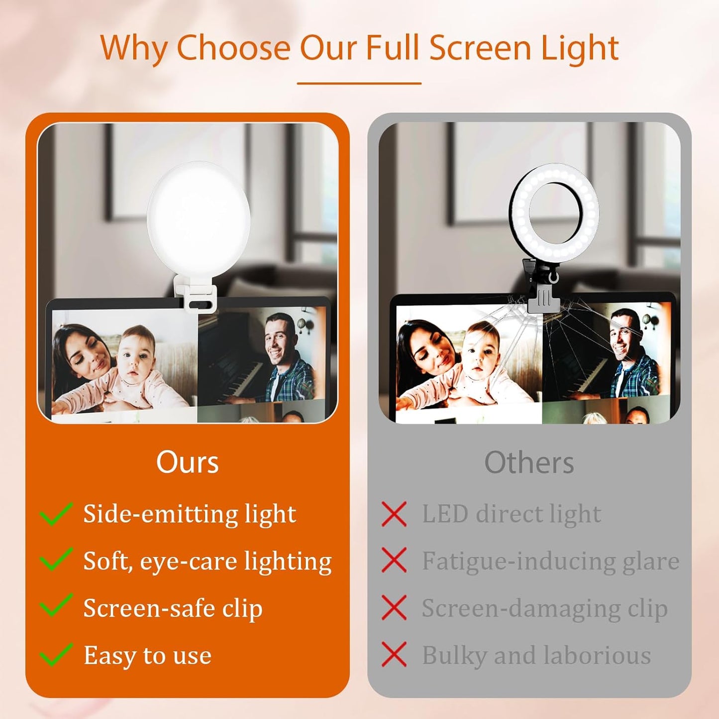 Clip-On Ring Light for Laptop & Phone, Upgraded 60-LED Full-Screen Anti-Glare Light with 3 Color Modes & Dimmable Brightness, Perfect for Zoom, Tiktok, Selfies, Video Calls