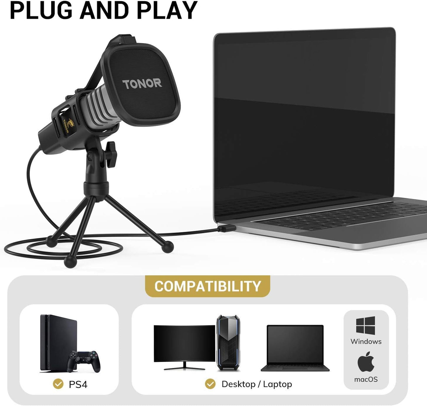 USB Microphone for PC, Cardioid Condenser Computer Mic with Tripod Stand, Pop Filter, Shock Mount for Gaming, Streaming, Podcasting, Youtube