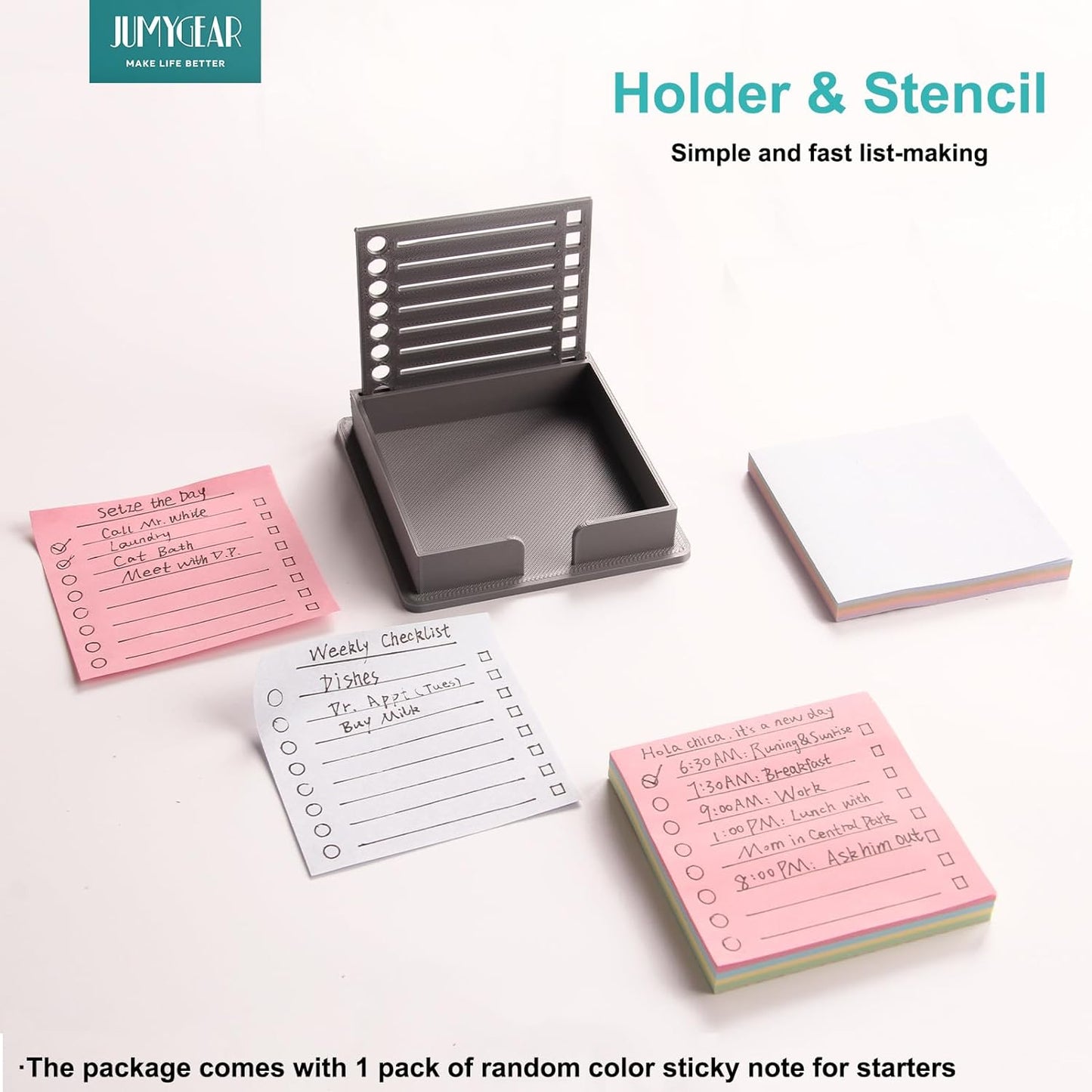 Sticky Note Holder Compatible with Post It Notes, 3X3 Sticky Pads Dispenser with Stencil, Memo Pad Organizer with Line Box Drawing Template for Office and Home