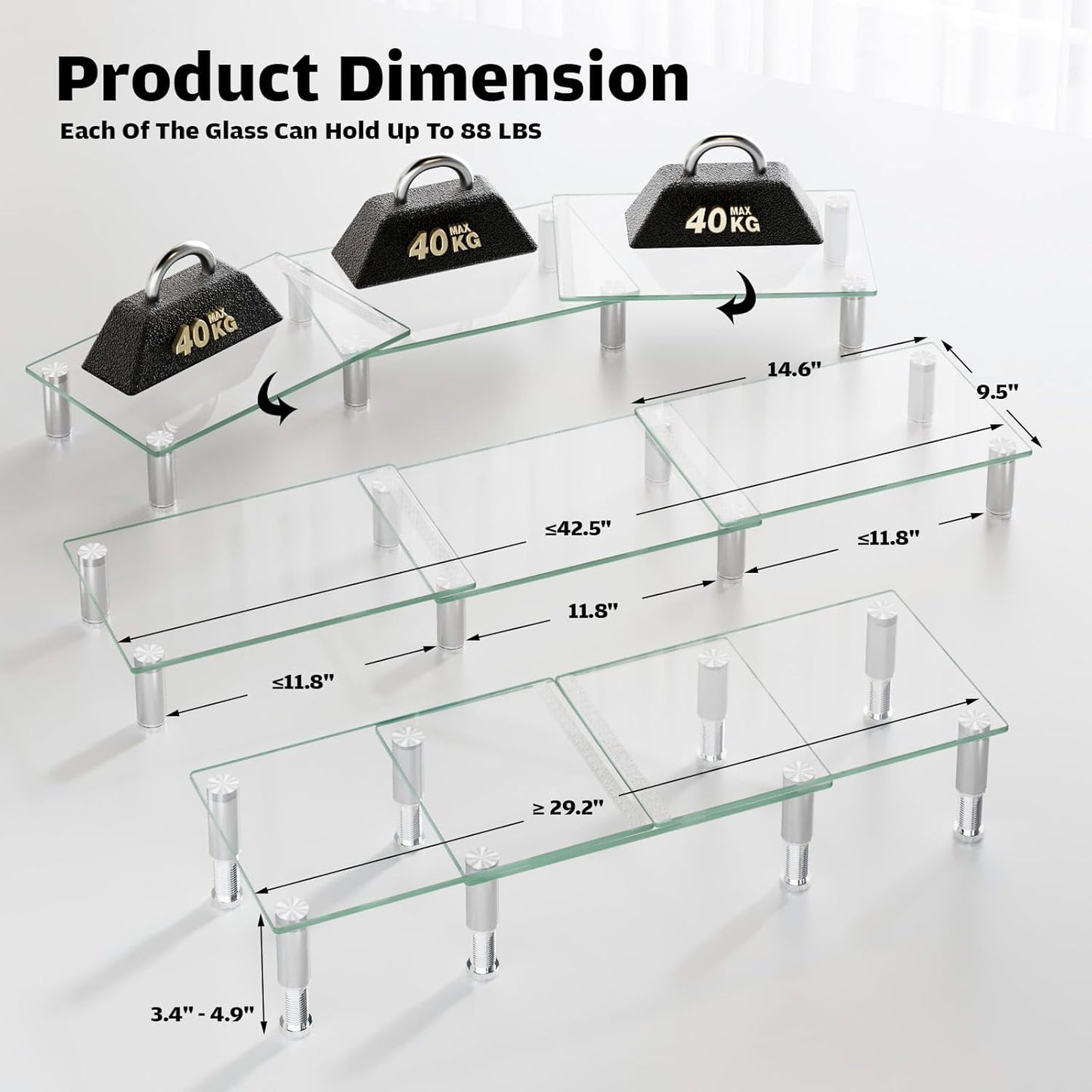 Dual Monitor Stand -Adjustable Length and Angle Dual Monitor Riser, Desktop Organizer for PC, Computer, Laptop (Clear)