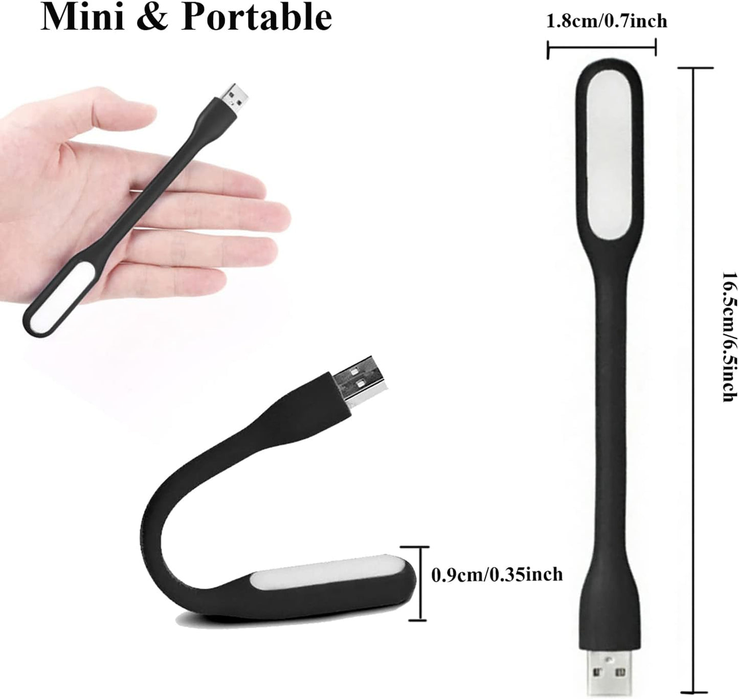 Mini Flexible Light, Portable USB Led Reading Night Lamp for PC Laptop Computer Notebook Power Bank - 2 Pack (Black)