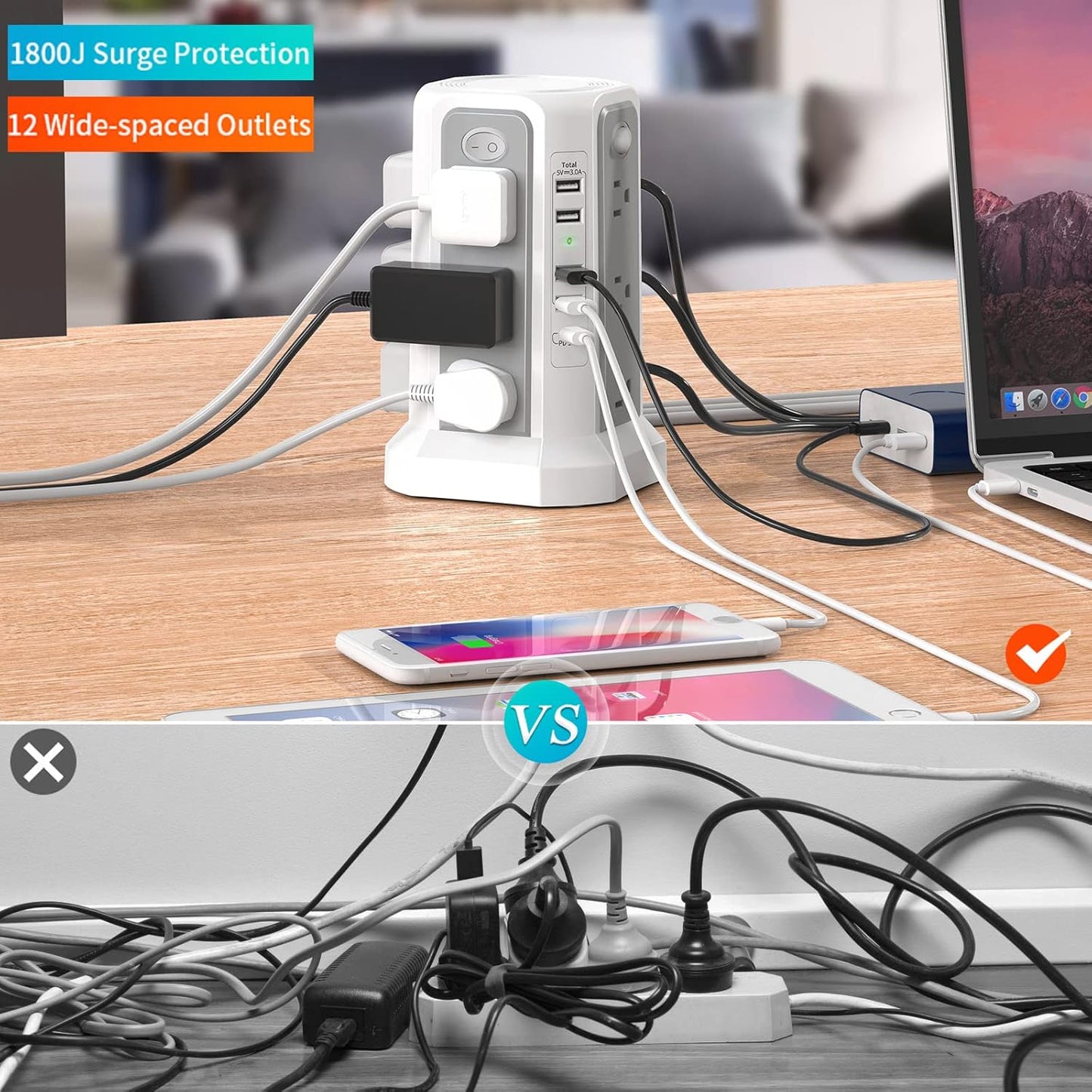 Surge Protector Power Strip Tower with USB C Port(Pd18W),10Ft Extension Cord with 12 AC Outlets 5 USB Charging Ports, Power Tower Surge Protection for Home Office Dormroom