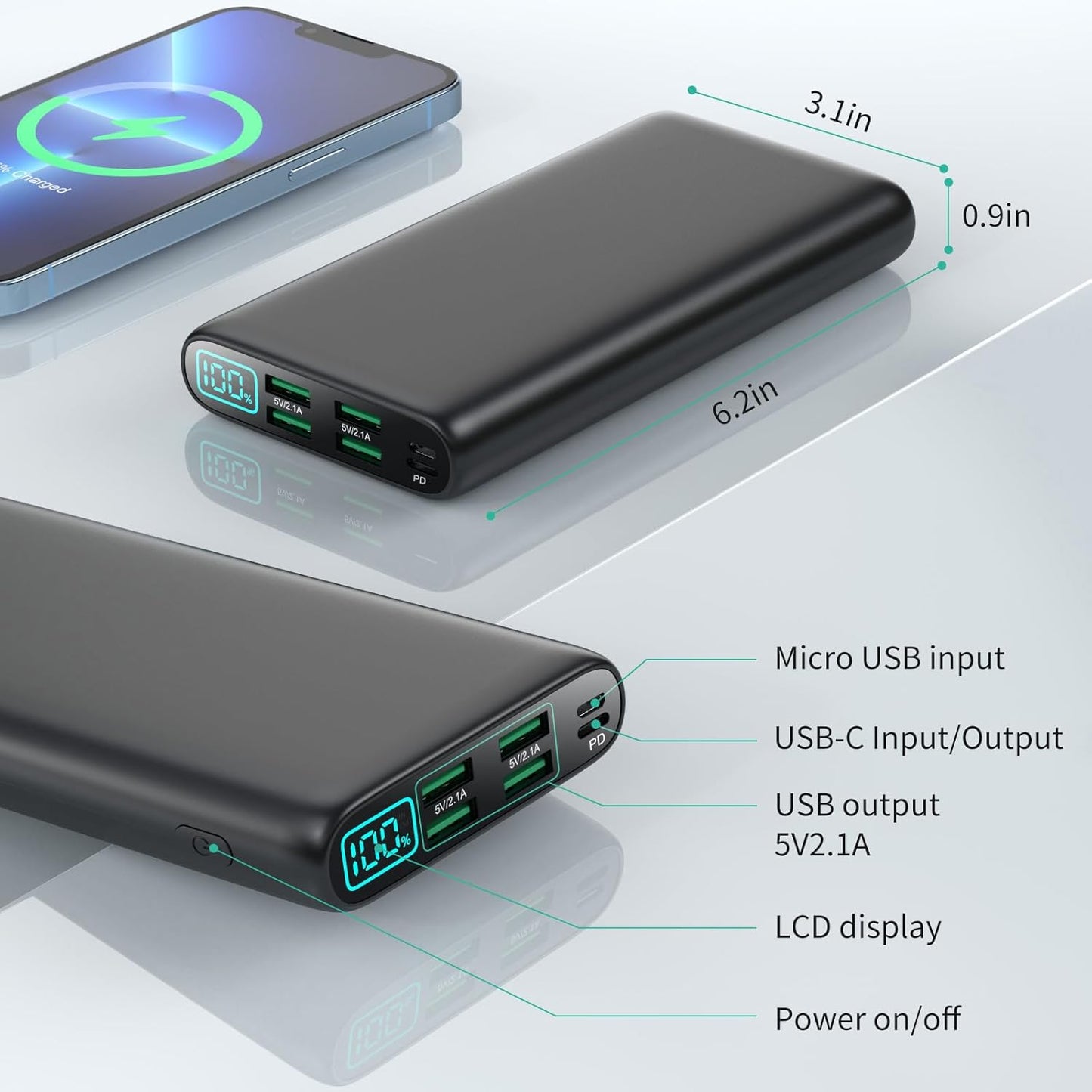 Portable Charger 38800Mah,Lcd Display Power Bank,5 USB Outputs Battery Pack Backup, USB-C In&Out Dual Input Phone Charging Compatible with Iphone 16/15/14/13 Pro/12,Android Samsung Galaxy Pixel Nexus