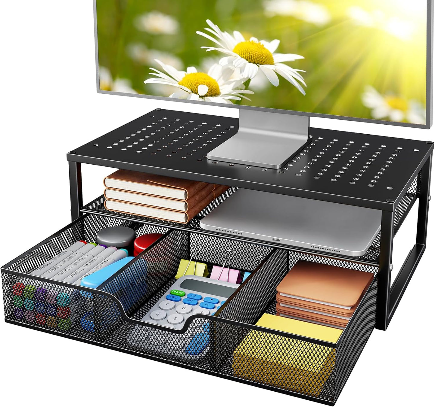 2 Tier Monitor Stand, Metal Monitor Riser with Storage, Computer Desk Organizer with Drawer for Laptop, Computer, PC, Black