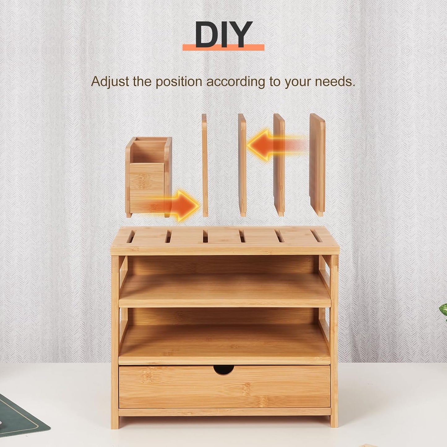 Bamboo Desk Organizer with Drawer and File Holder, Office Organization for Desks with Adjustable Pen Holding, Desktop Letter Paper Tray Storage for Workplace Home School (Natural, L)