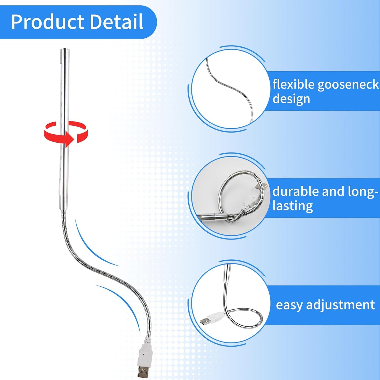 Keyboard Light Portable USB LED Light 10 Lamp Beads LED Laptop Light with Long Gooseneck Flexible Stick Laptop Light for Reading Book and Striking Keyboard (No Touch Switch, 1 Pcs, Silver)