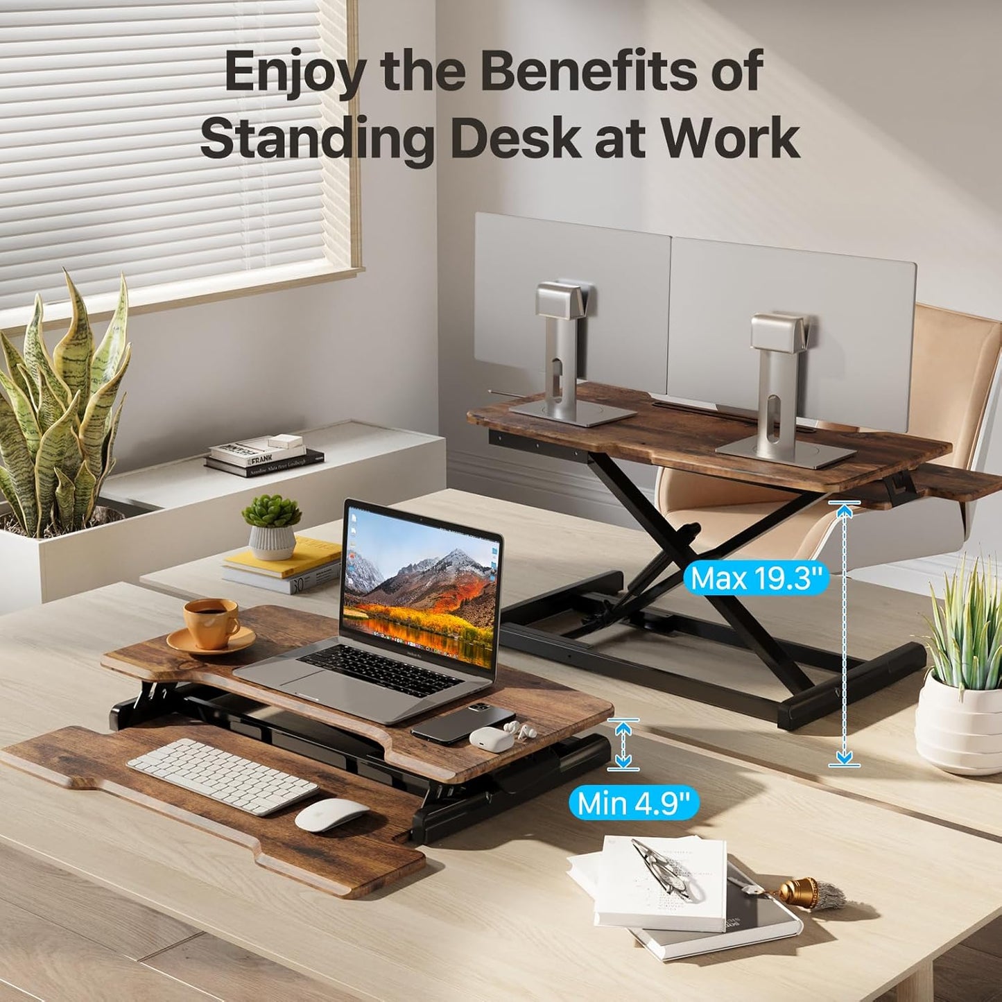 Standing Desk Converter 32 Inch, Height Adjustable Sit Stand Desk Riser, Quick Sit to Stand Desktop Dual Monitor Riser Workstation for Home Office with Keyboard Tray, Rustic Brown