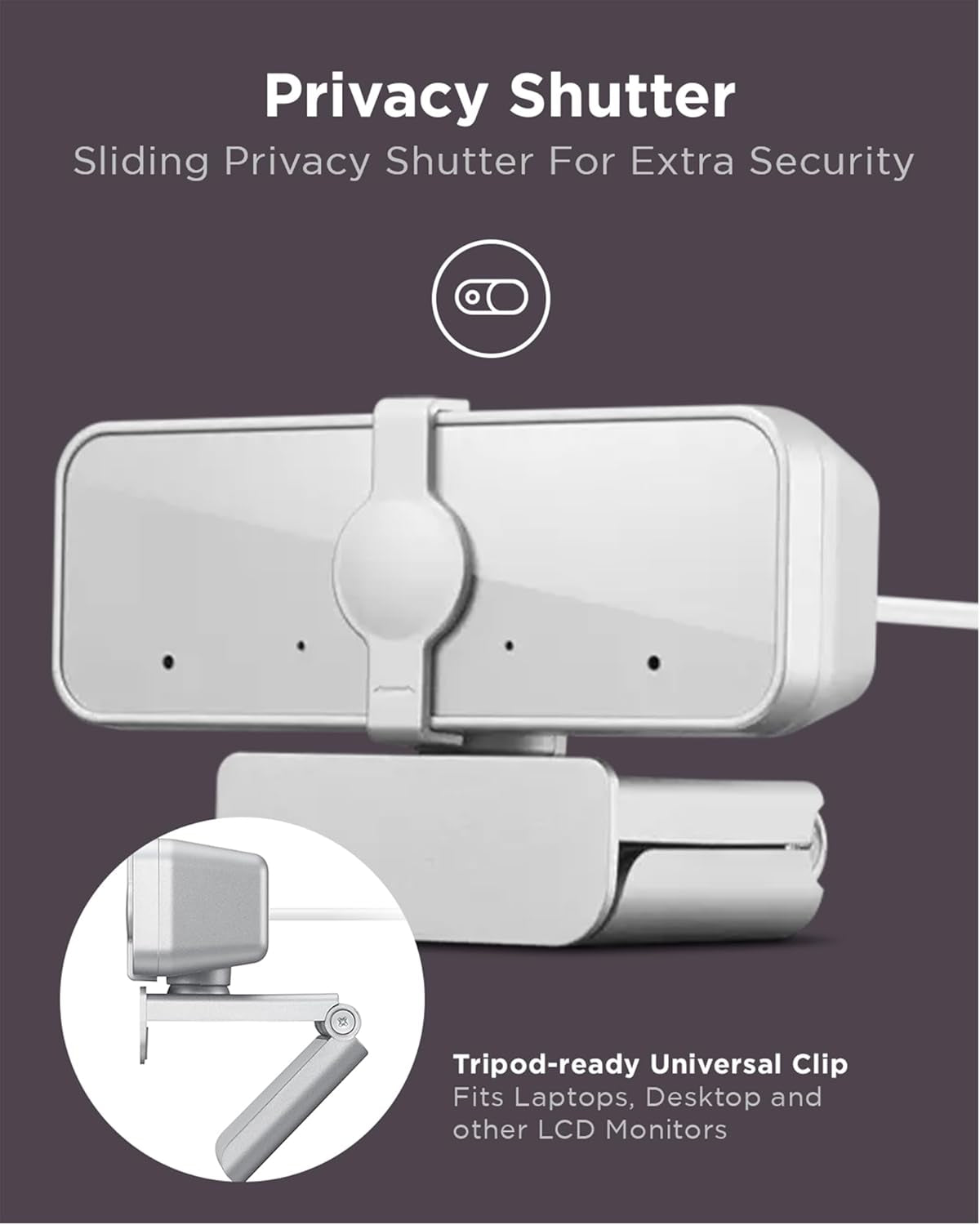 HD 1080P Webcam (300 FHD) - Monitor Camera with 95Β° Wide Angle, 360Β° Rotation Pan & Tilt, Dual Microphones β Attachable Desktop Cam with Privacy Shutter for Remote Work, Streaming & Gaming