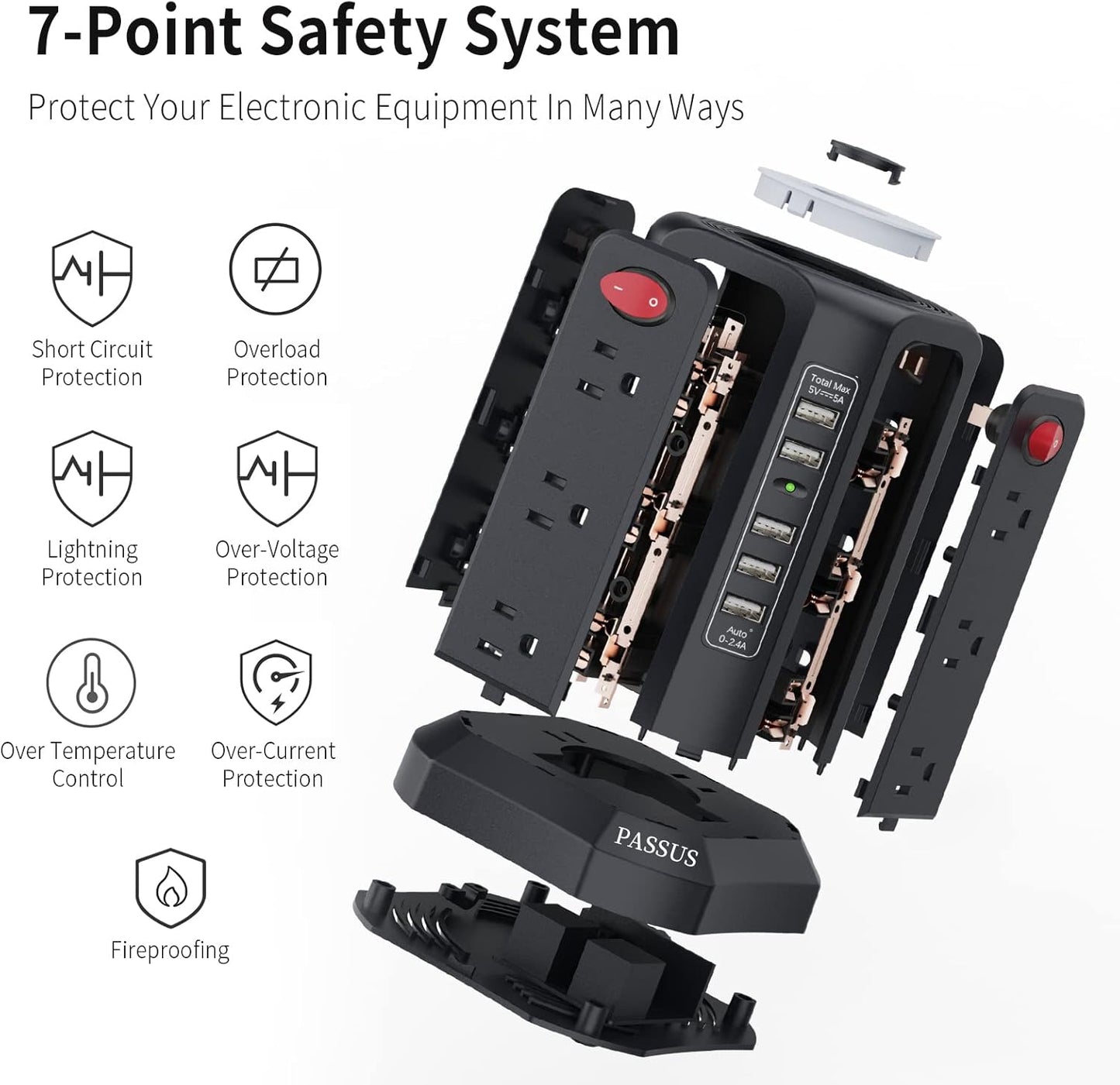 Surge Protector Power Strip Tower with 5 USB Ports and Night Light,10Ft Extension Cord with 12 AC Multiple Outlets, Power Tower Overload Protection for Home Office Dorm Room Essentials(Black)