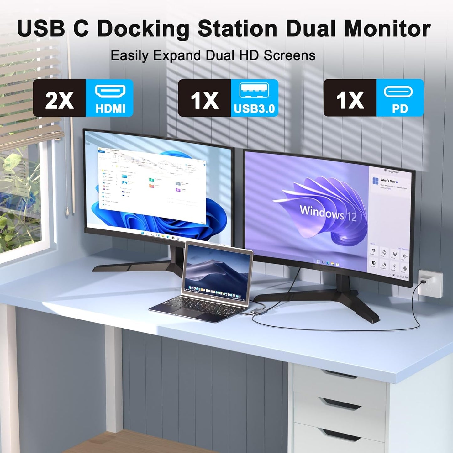 Laptop Docking Station Dual Monitor, USB C Docking Station Dual Monitor for Dell/Hp/Lenovo/Mac, Dual HDMI Adapter for 2 Monitors, Docking Station with 2 HDMI 4K/USB3.0/PD, USB C to Dual HDMI Adapter