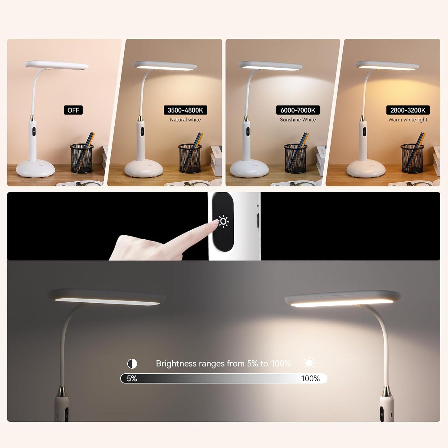 LED Desk Lamp 6778B - Touch Control, Adjustable 2700-7000K Color Temperature, 700 Lumens, 360° Flexible Gooseneck, USB-C Charging, 2.5Hrs Cordless, Eye-Caring Light (White)