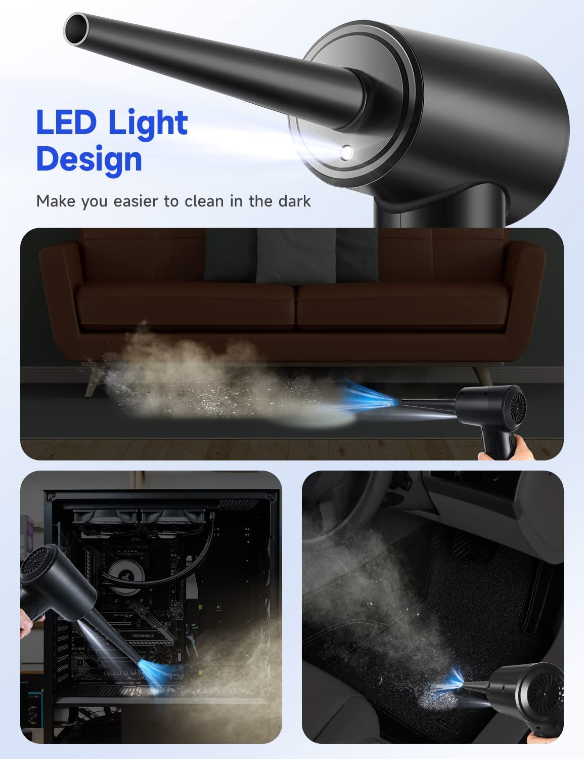 Compressed Air Duster, 3-Gear to 51000RPM Electric Air Duster Portable Air Blower with LED Light, 6000Mahrechargeable Cordless Air Duster for Computer Keyboard Fast Charge(Black)