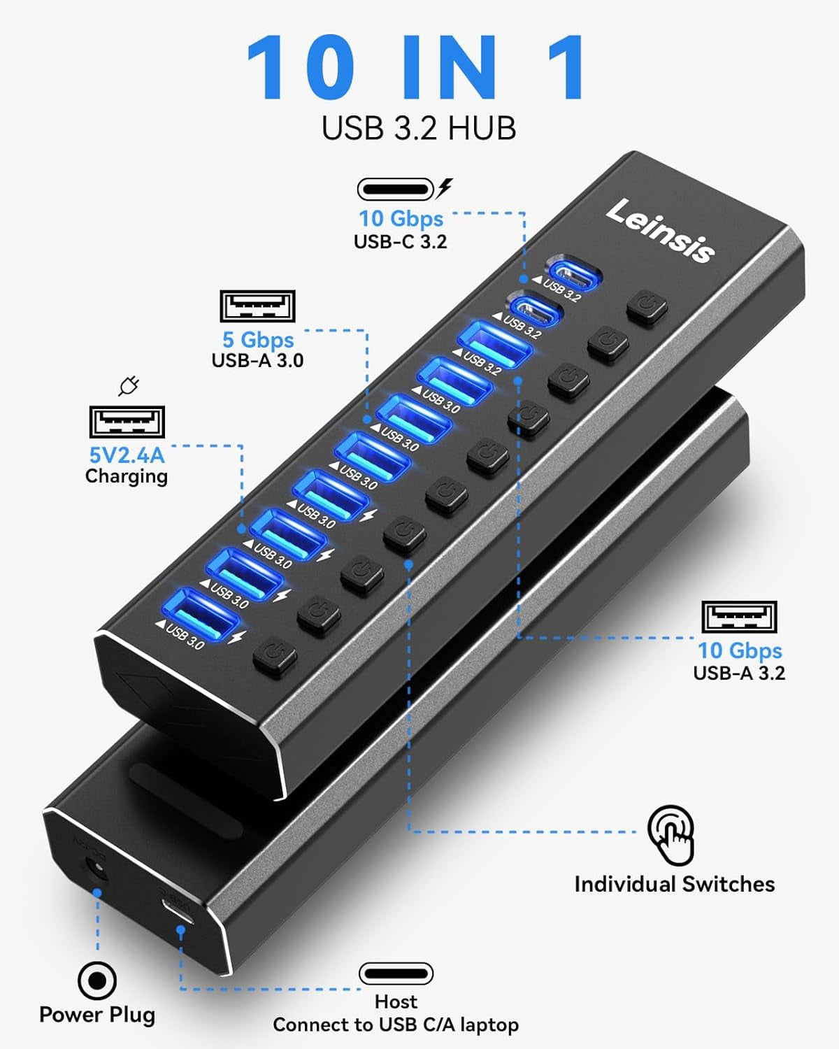 Powered USB Hub 3.2, 10-Port USB 3.2/USB C Hub (10Gbps USB-A 3.2 +2 USB-C 3.2 +7 USB 3.0 Ports) with Individual On/Off Switches and 12V Power Adapter, Aluminum USB Hub Powered for Laptop PC