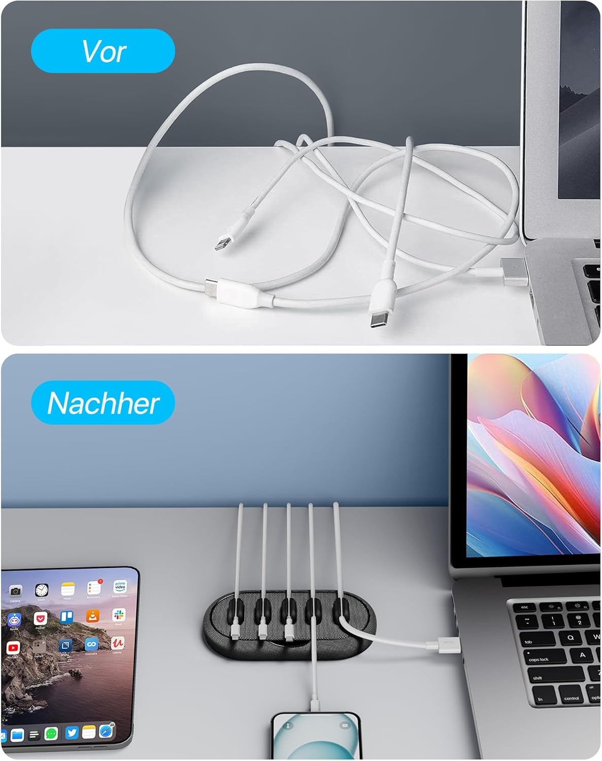 Cable Management, Magnetic Cord Organizer, Desk Cord Holder Wire Keeper with 6 Magnetic Cable Clips, Charger Cord Management for Home Office, Lightning/Usb C/Micro Cable, Dark Gray