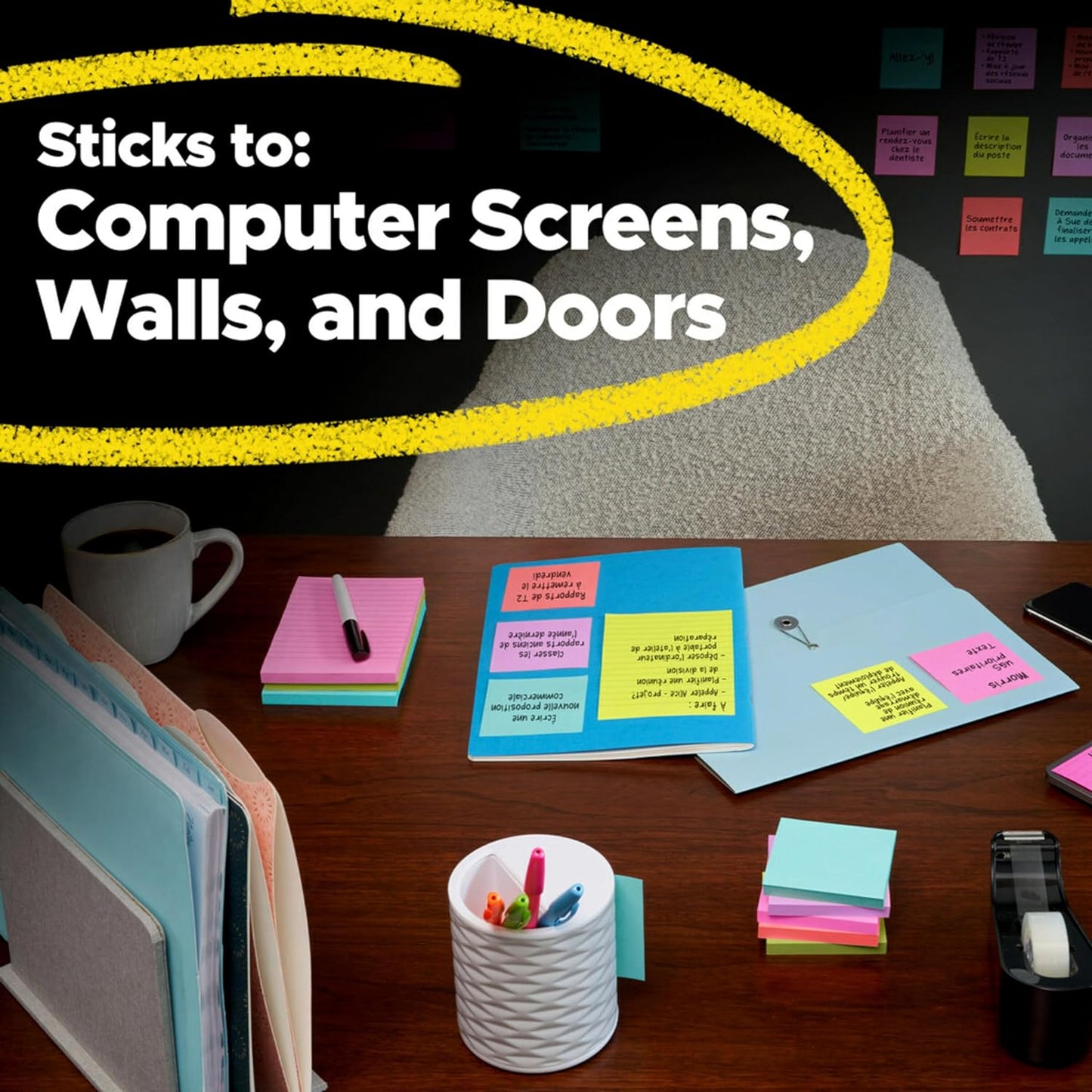 Super Sticky Notes, 24 Sticky Note Pads, 3 X 3 In., School Supplies, Office Products, Sticky Notes for Vertical Surfaces, Monitors, Walls and Windows, Energy Boost Collection