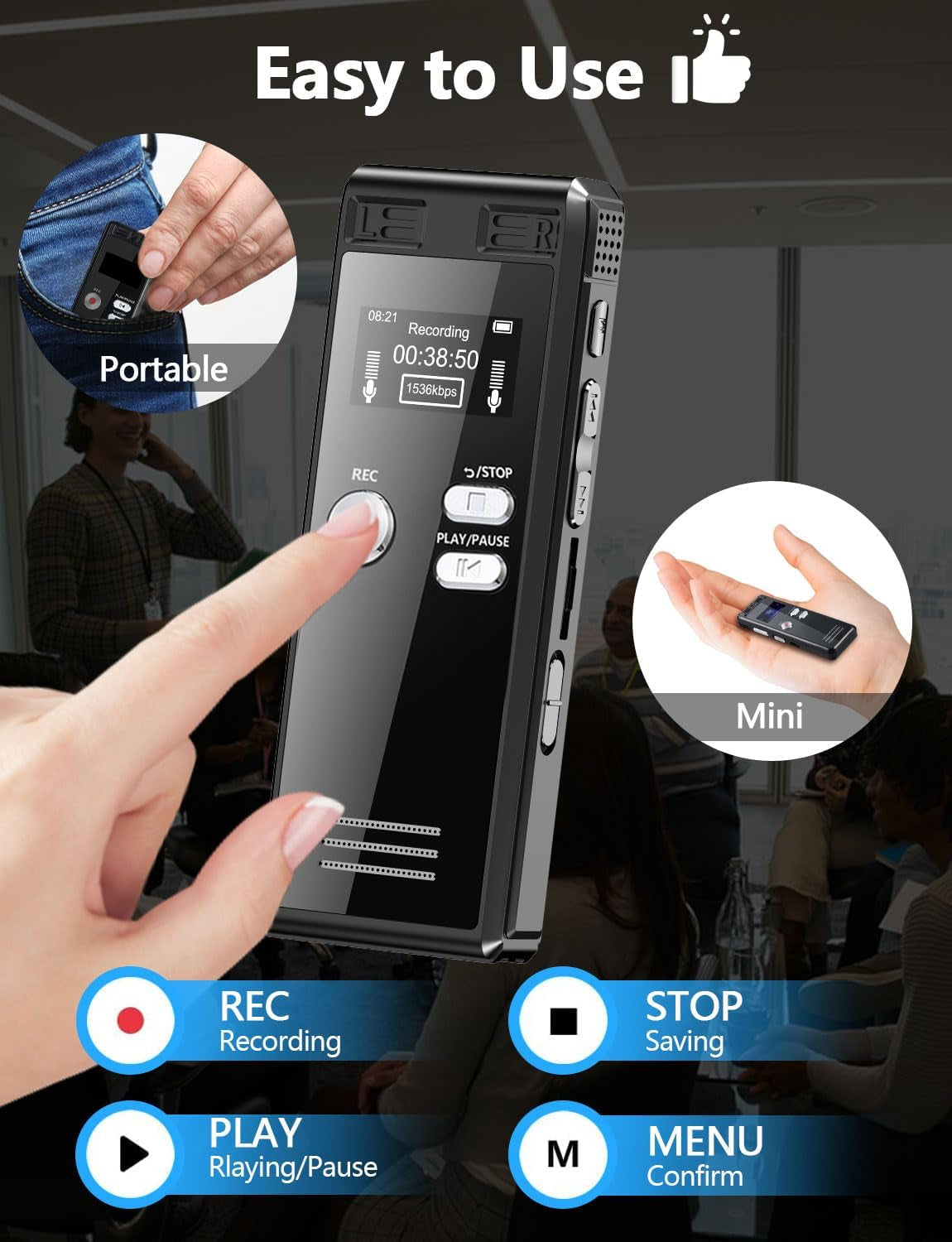 64GB Digital Voice Activated Recorder with Playback - 4552 Hours Audio Recording Device, 3072Kpbs HD Dual MIC Tape Recorder Device for Lecture A-B Repeat, MP3 Player,γ64Gb TF Card Includedγ